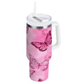 40 oz Insulated Stainless Steel Tumbler Double Wall Stainless Steel Tumbler with 2-Way Drinking Pink Butterfly Pattern - Pick 741