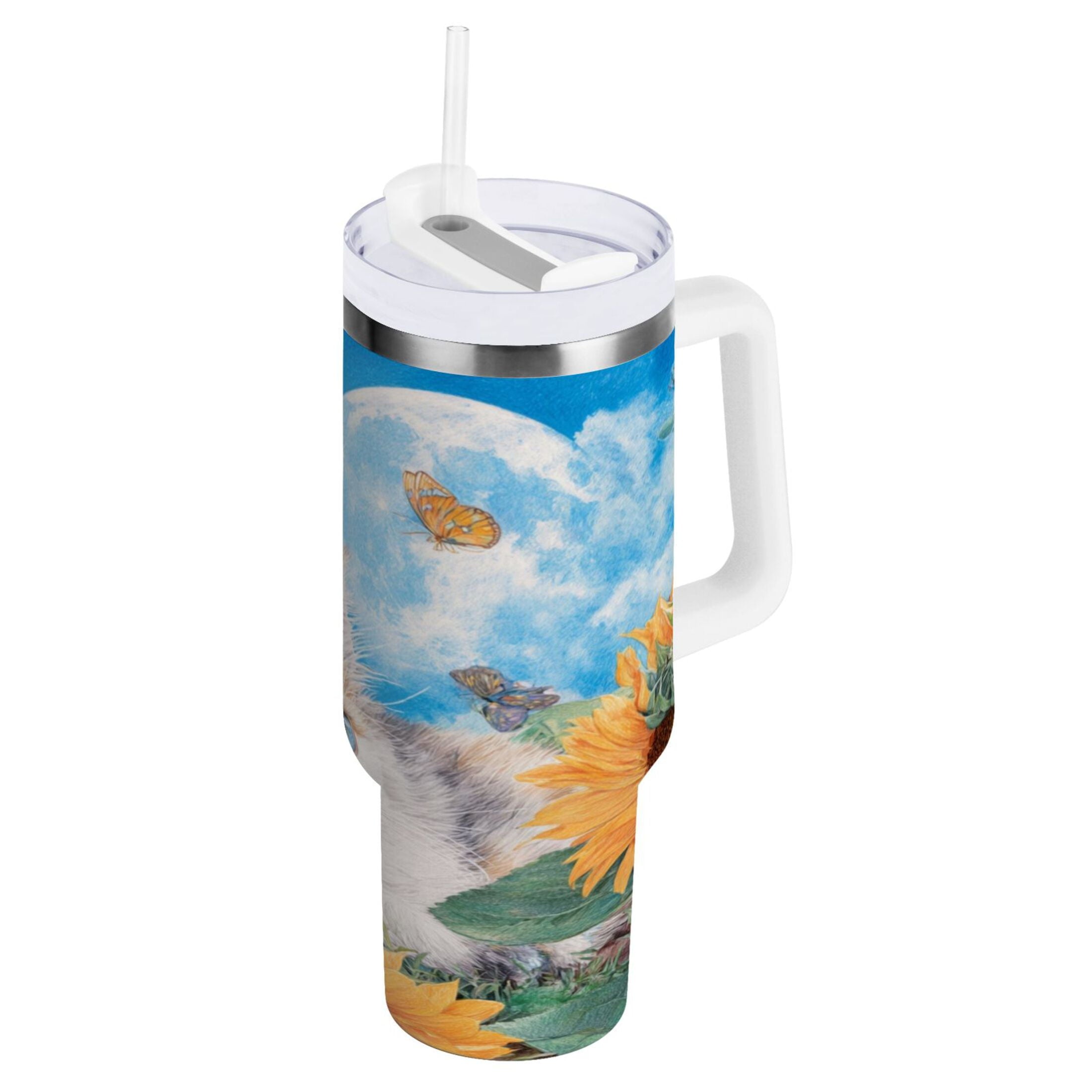 40 oz Insulated Stainless Steel Tumbler Double Wall Stainless Steel Tumbler with 2-Way Drinking Playful Cat Lying Sunflowers - Pick 924