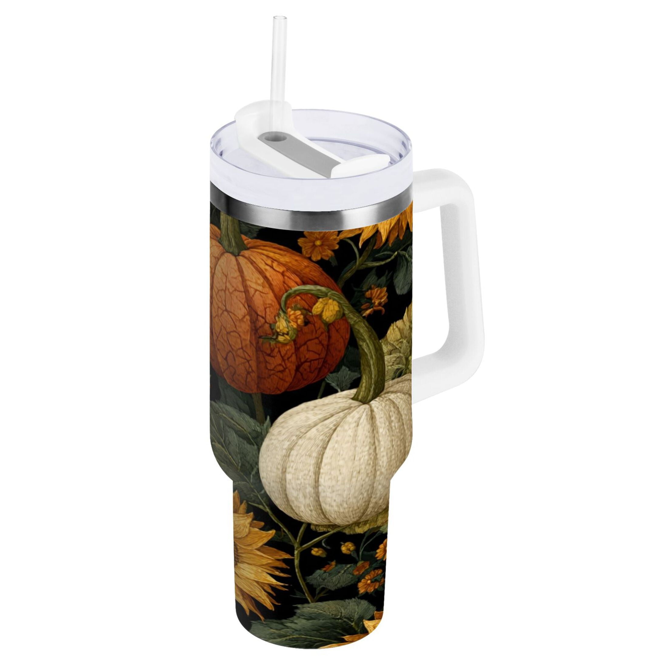 40 oz Insulated Stainless Steel Tumbler Double Wall Stainless Steel Tumbler with 2-Way Drinking Pumpkins and Sunflowers Pattern - Pick 154