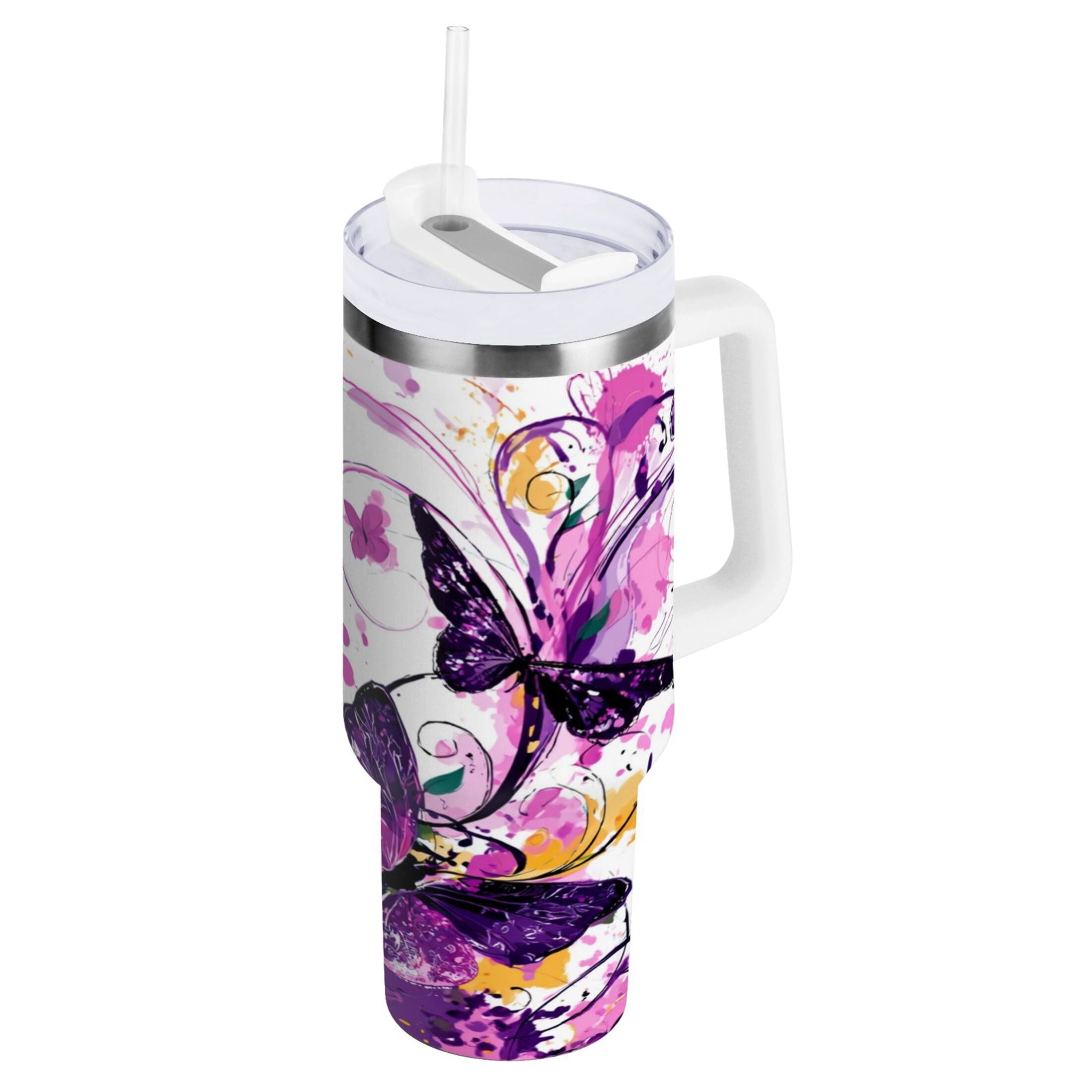 40 oz Insulated Stainless Steel Tumbler Double Wall Stainless Steel Tumbler with 2-Way Drinking Purple Butterfly - Pick 264