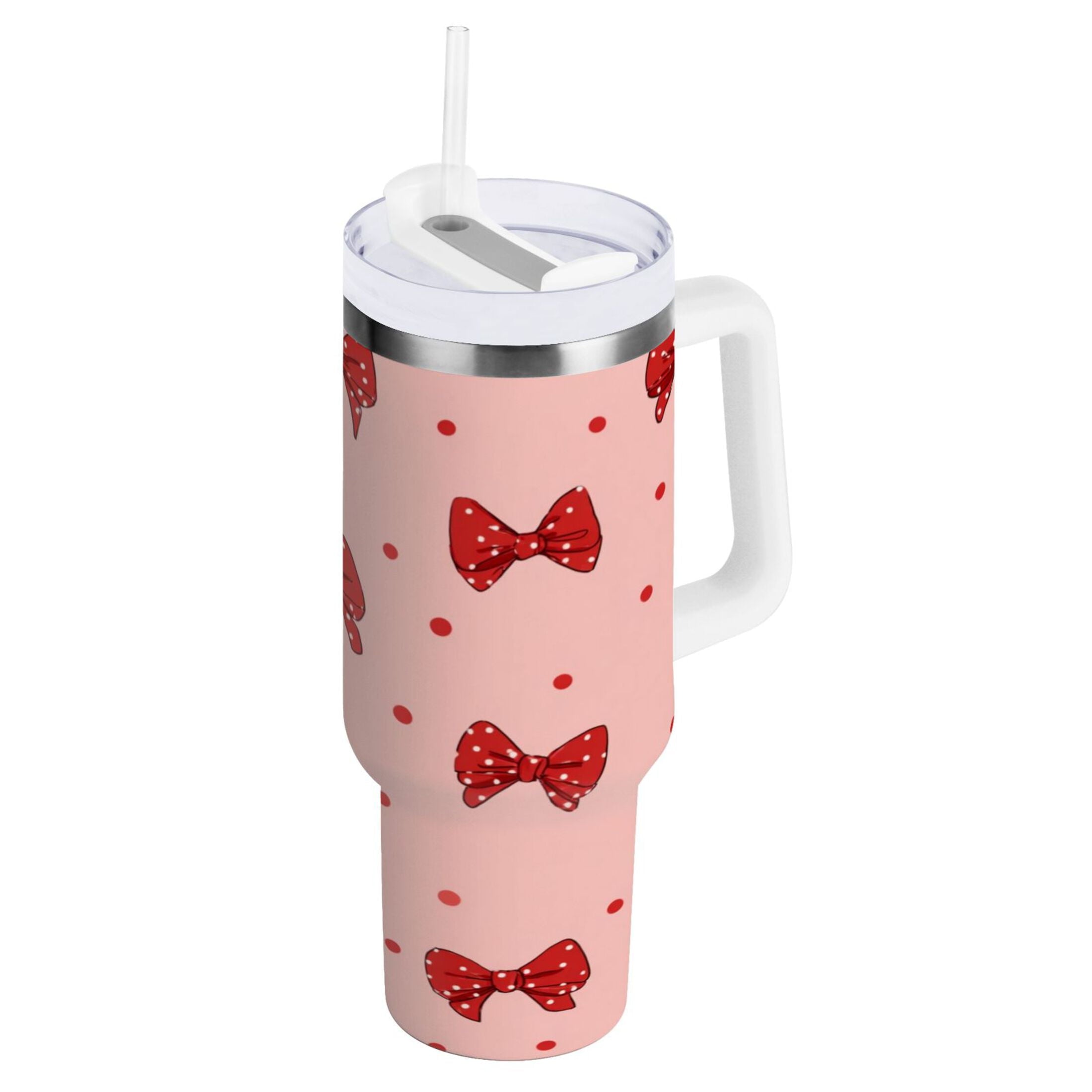 40 oz Insulated Stainless Steel Tumbler Double Wall Stainless Steel Tumbler with 2-Way Drinking Red Bows and Polka Dots - Pick 708