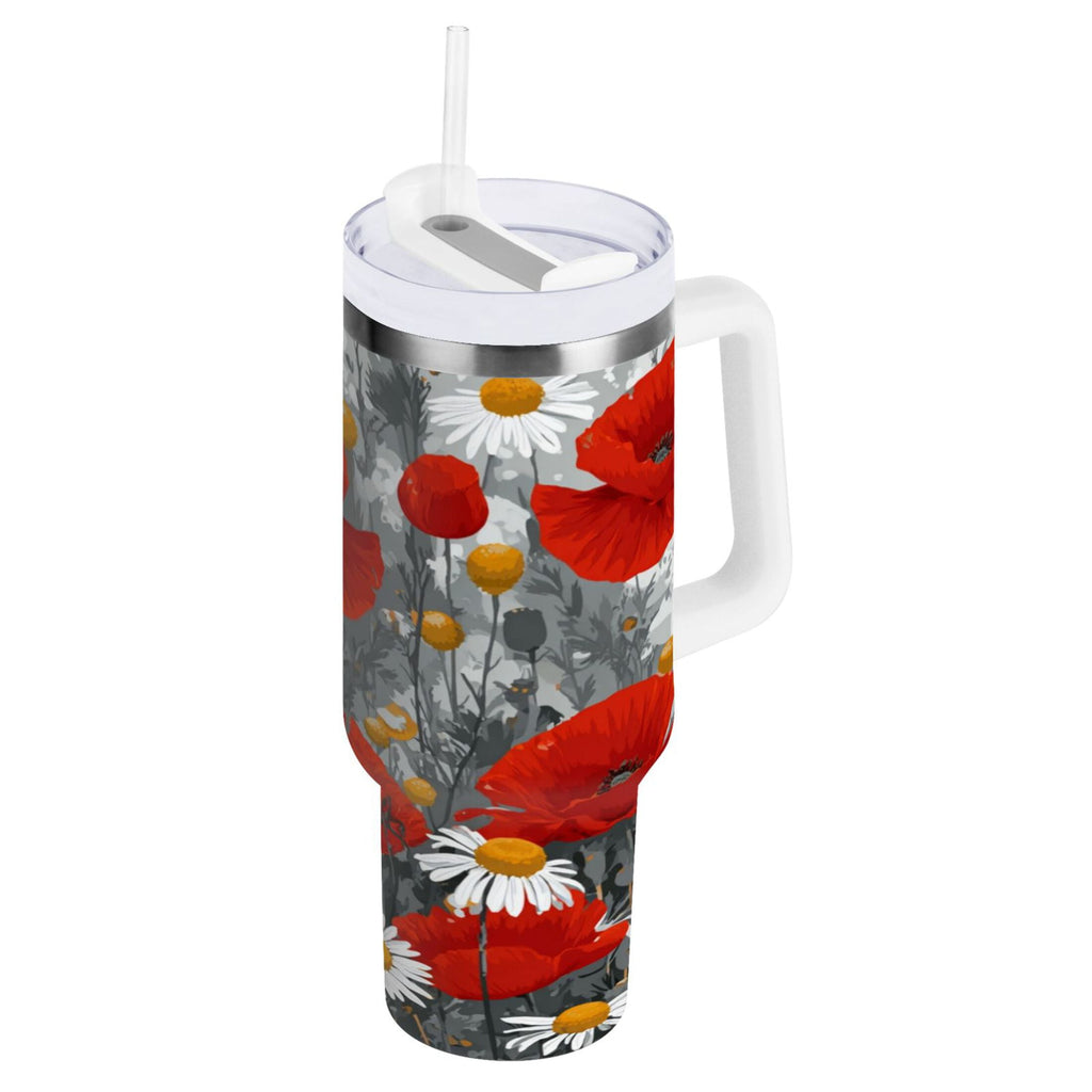 40 oz Insulated Stainless Steel Tumbler Double Wall Stainless Steel Tumbler with 2-Way Drinking Red Flowers and Daisies - Pick 577