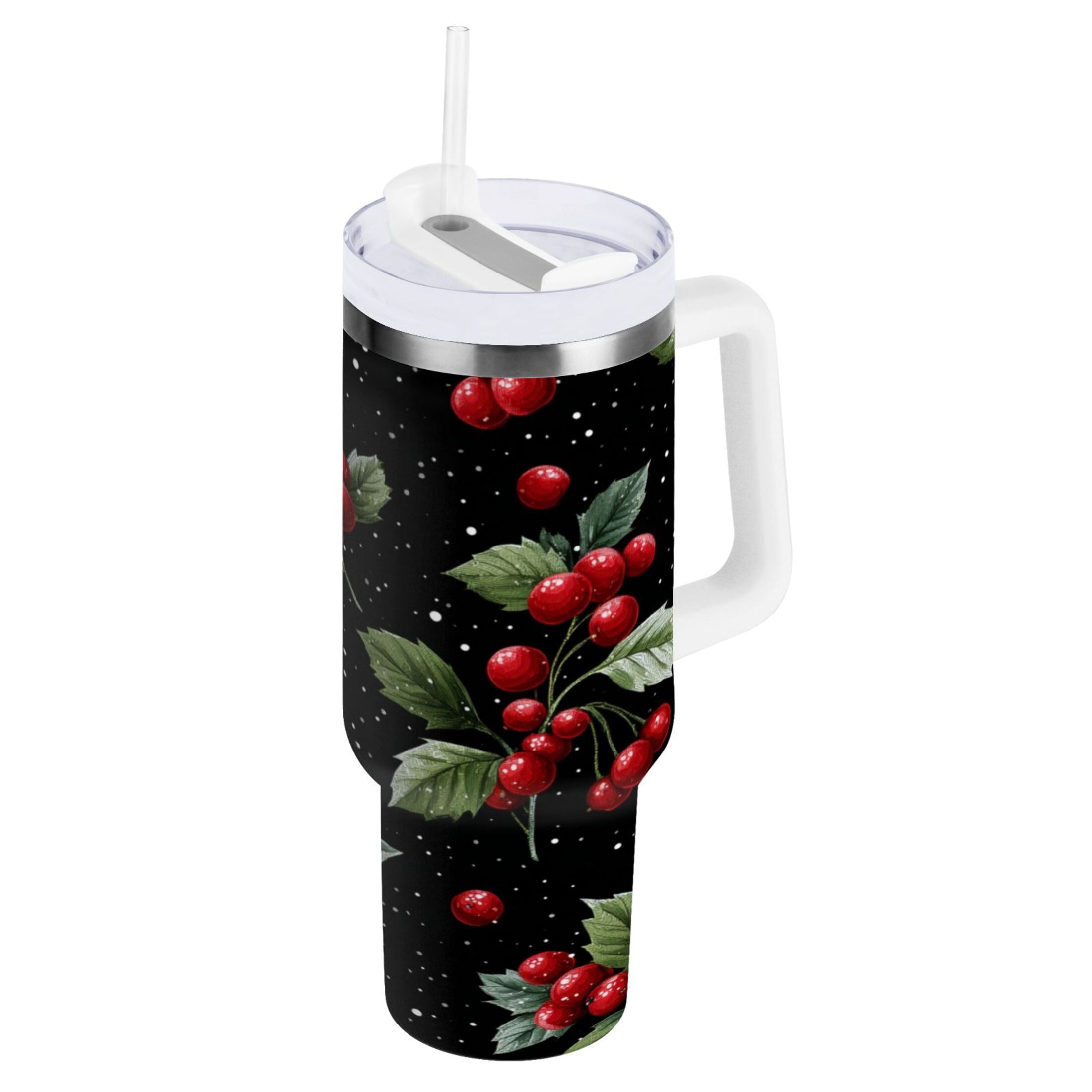 40 oz Insulated Stainless Steel Tumbler Double Wall Stainless Steel Tumbler with 2-Way Drinking Red Holly Berries Pattern - Pick 403
