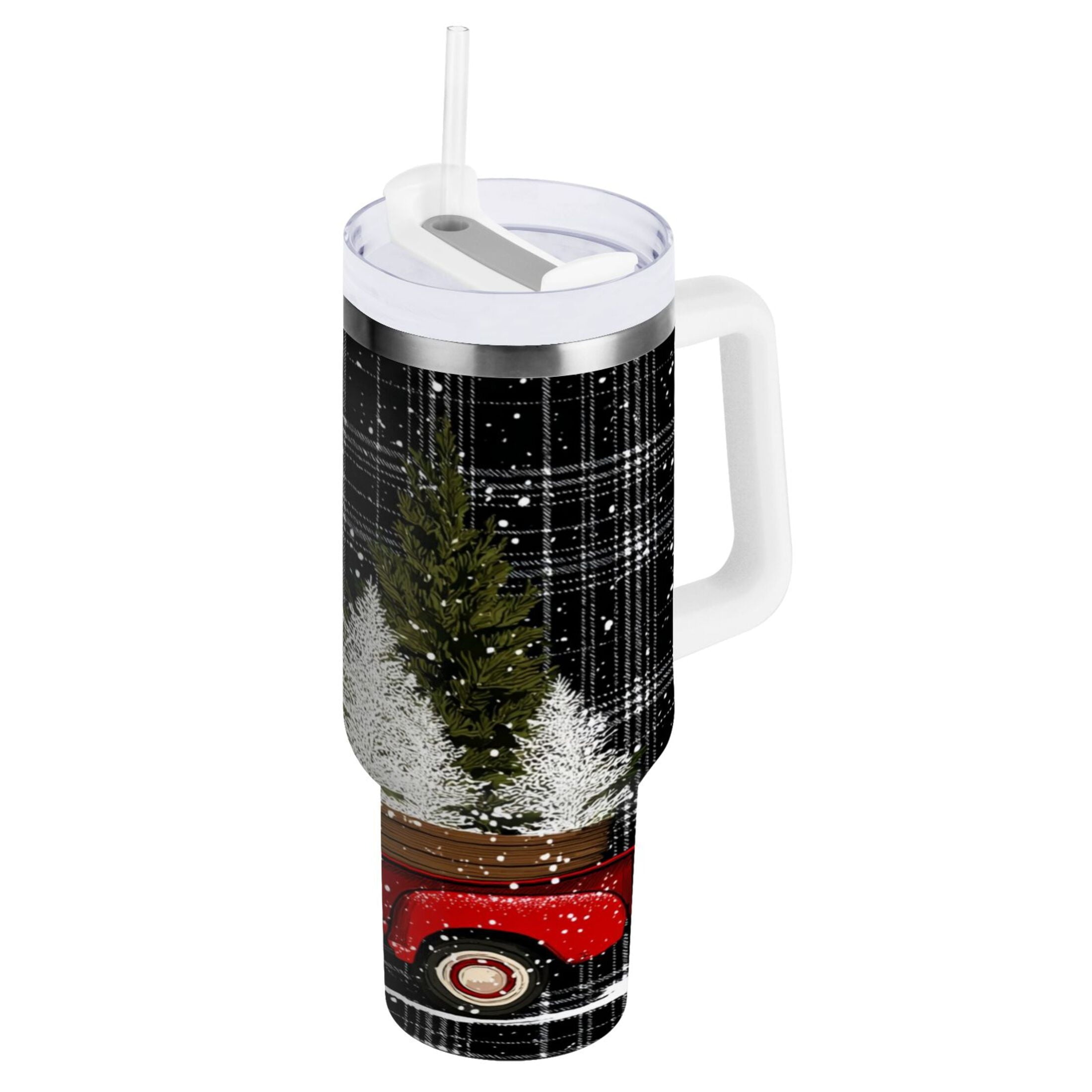 40 oz Insulated Stainless Steel Tumbler Double Wall Stainless Steel Tumbler with 2-Way Drinking Red Truck with Christmas Tree - Pick 636