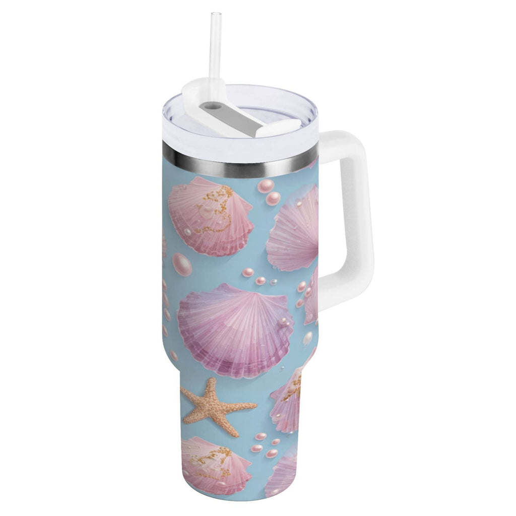 40 oz Insulated Stainless Steel Tumbler Double Wall Stainless Steel Tumbler with 2-Way Drinking Seashells and Pearls Pattern - Pick 502