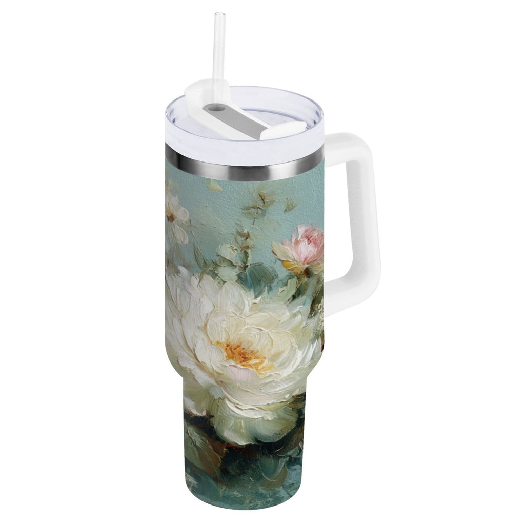 40 oz Insulated Stainless Steel Tumbler Double Wall Stainless Steel Tumbler with 2-Way Drinking Vintage Peonies and Daisies - Pick 466