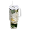 40 oz Insulated Stainless Steel Tumbler Double Wall Stainless Steel Tumbler with 2-Way Drinking Vintage White Camellias - Pick 603