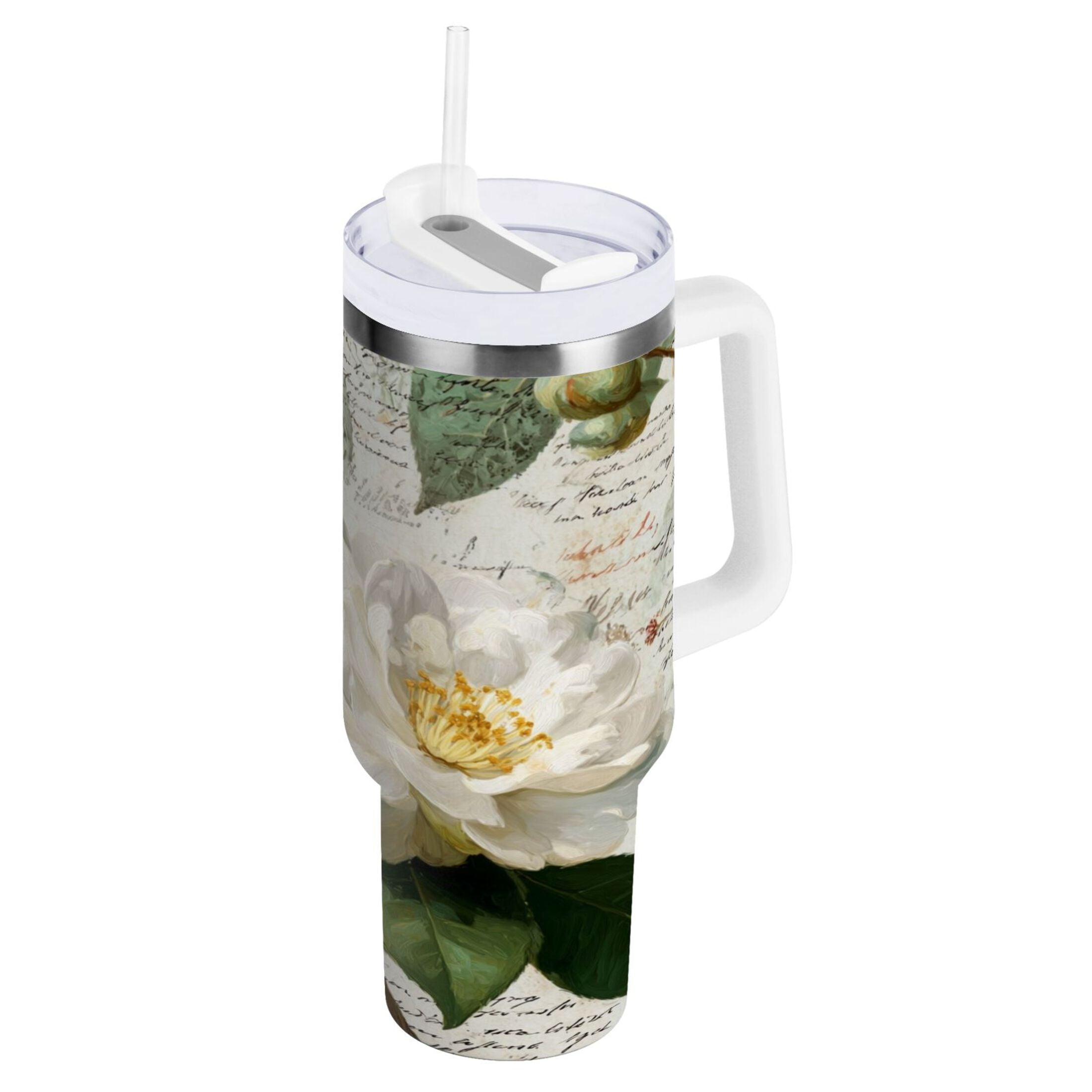 40 oz Insulated Stainless Steel Tumbler Double Wall Stainless Steel Tumbler with 2-Way Drinking Vintage White Camellias - Pick 603