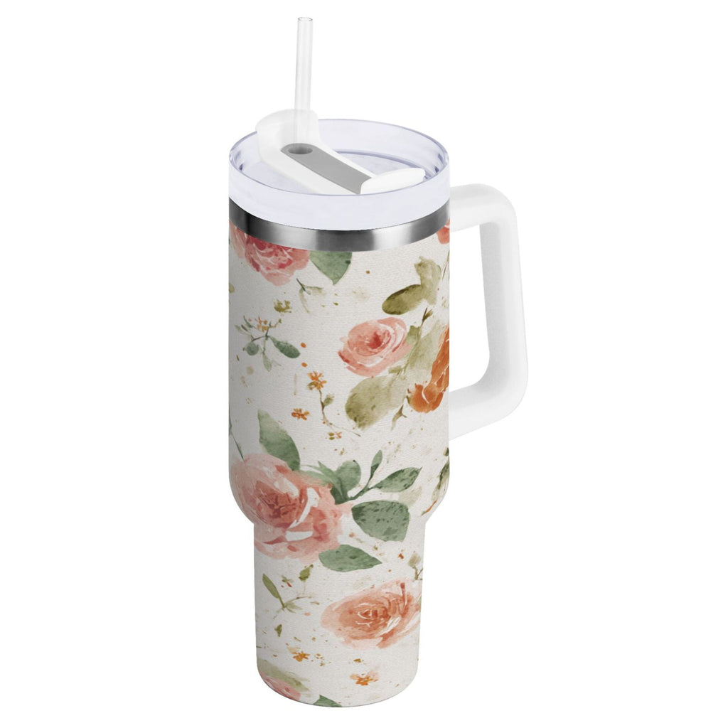 40 oz Insulated Stainless Steel Tumbler Double Wall Stainless Steel Tumbler with 2-Way Drinking Watercolor Rose Floral Pattern - Pick 229