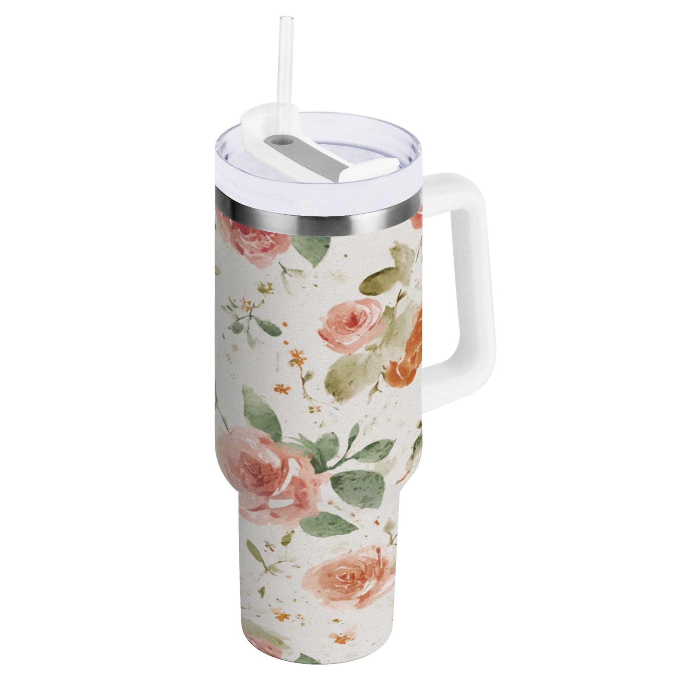 40 oz Insulated Stainless Steel Tumbler Double Wall Stainless Steel Tumbler with 2-Way Drinking Watercolor Rose Floral Pattern - Pick 229