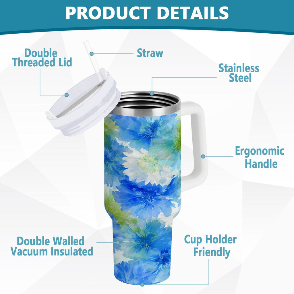 40 oz Insulated Stainless Steel Tumbler Double Wall Stainless Steel Tumbler with 2-Way Drinking Watercolor Blue Cornflowers - Pick 274