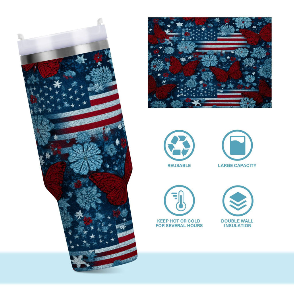 30 oz Insulated Stainless Steel Tumbler Double Wall Stainless Steel Tumbler with 2-Way Drinking Red Butterflies and Flags - Pick 334