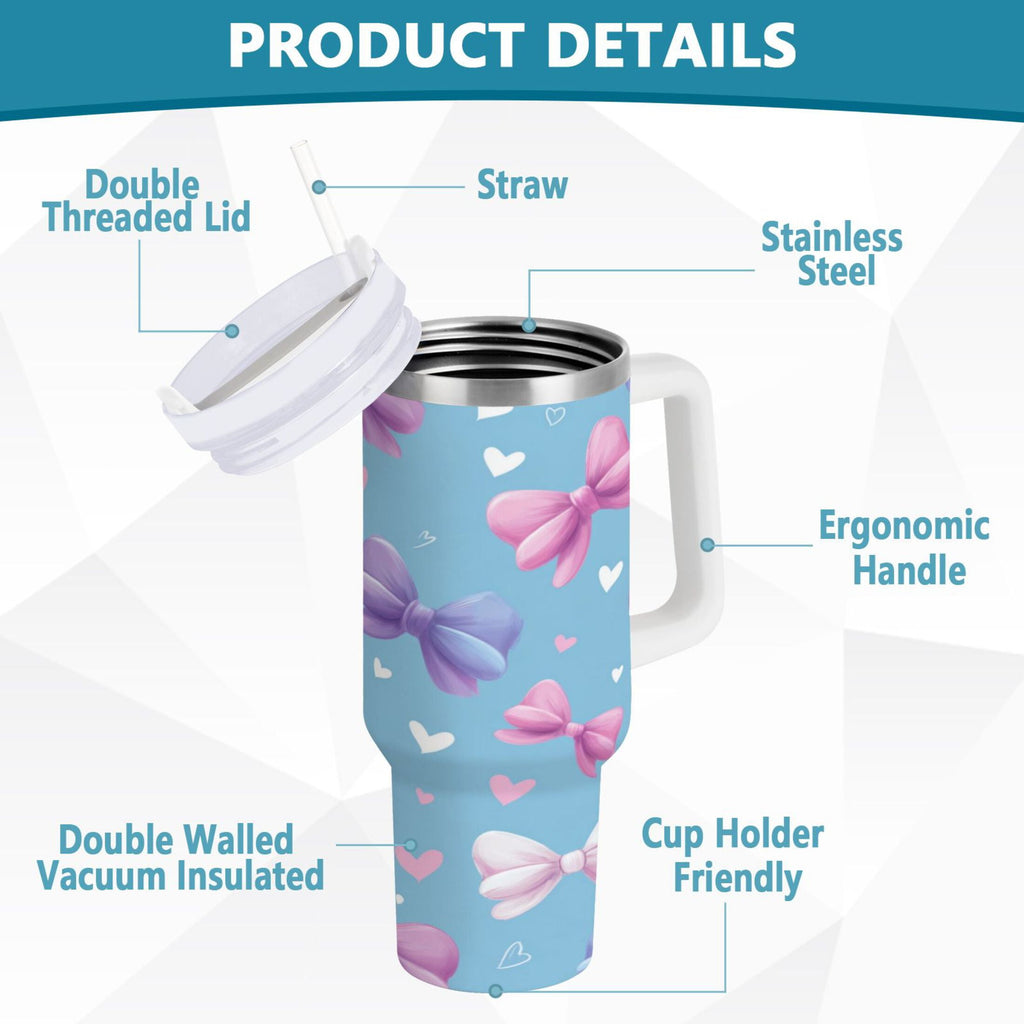 30 oz Insulated Stainless Steel Tumbler Double Wall Stainless Steel Tumbler with 2-Way Drinking Pink and Purple Bows - Pick 357