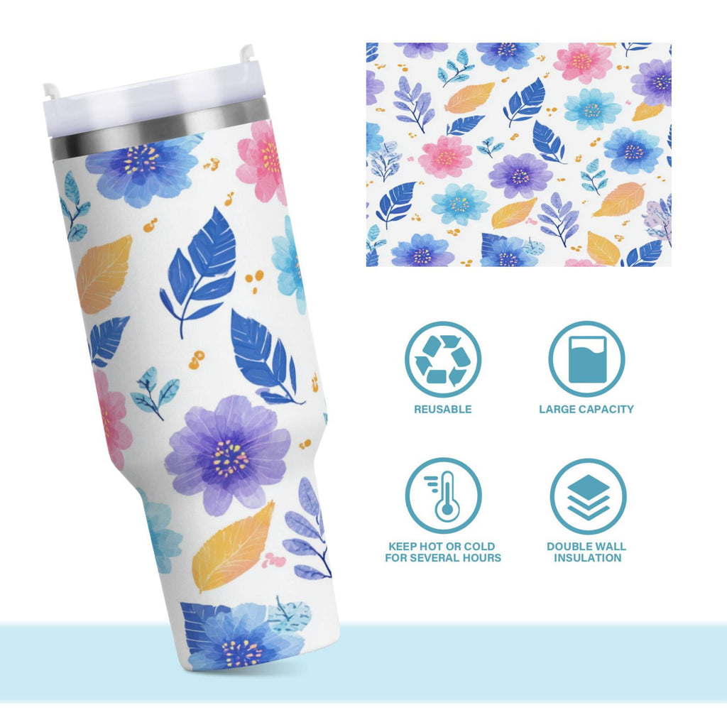 30 oz Insulated Stainless Steel Tumbler Double Wall Stainless Steel Tumbler with 2-Way Drinking Blue and Purple Flowers - Pick 625