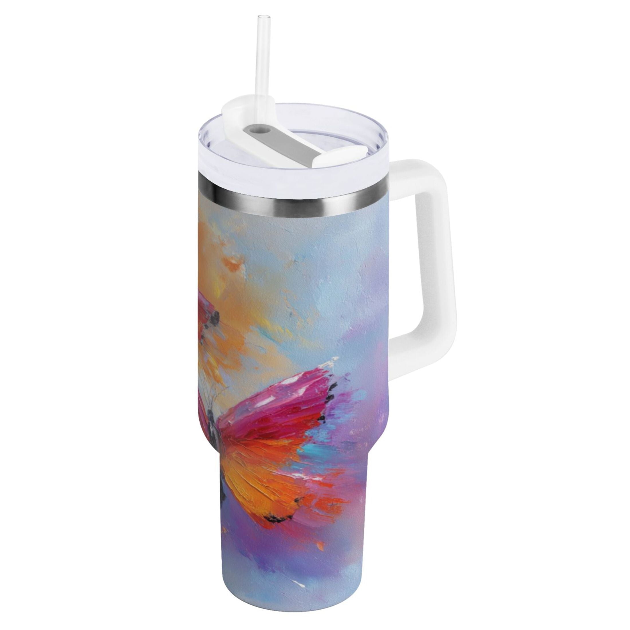 30 oz Insulated Stainless Steel Tumbler Double Wall Stainless Steel Tumbler with 2-Way Drinking Red and Orange Butterflies - Pick 629