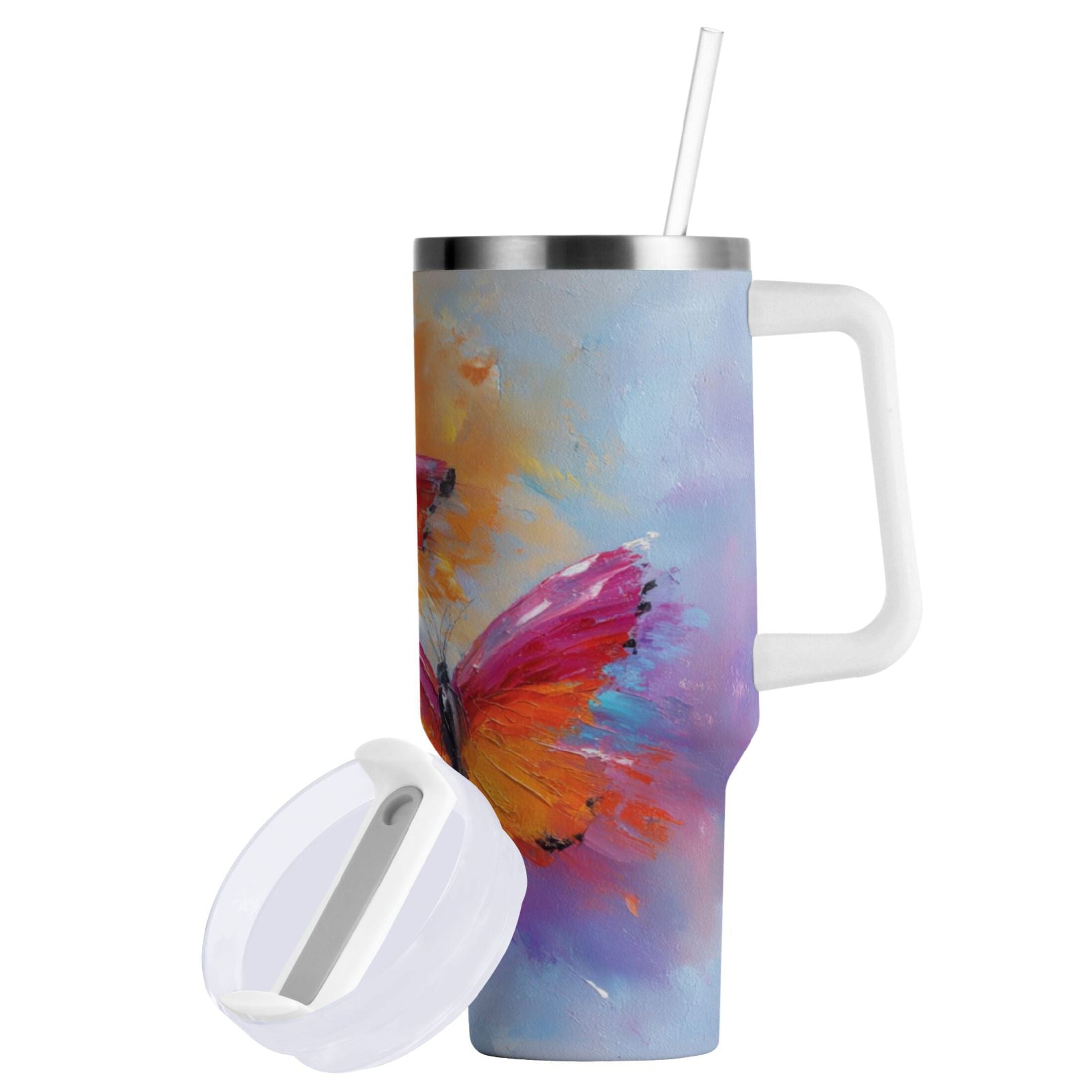 30 oz Insulated Stainless Steel Tumbler Double Wall Stainless Steel Tumbler with 2-Way Drinking Red and Orange Butterflies - Pick 629