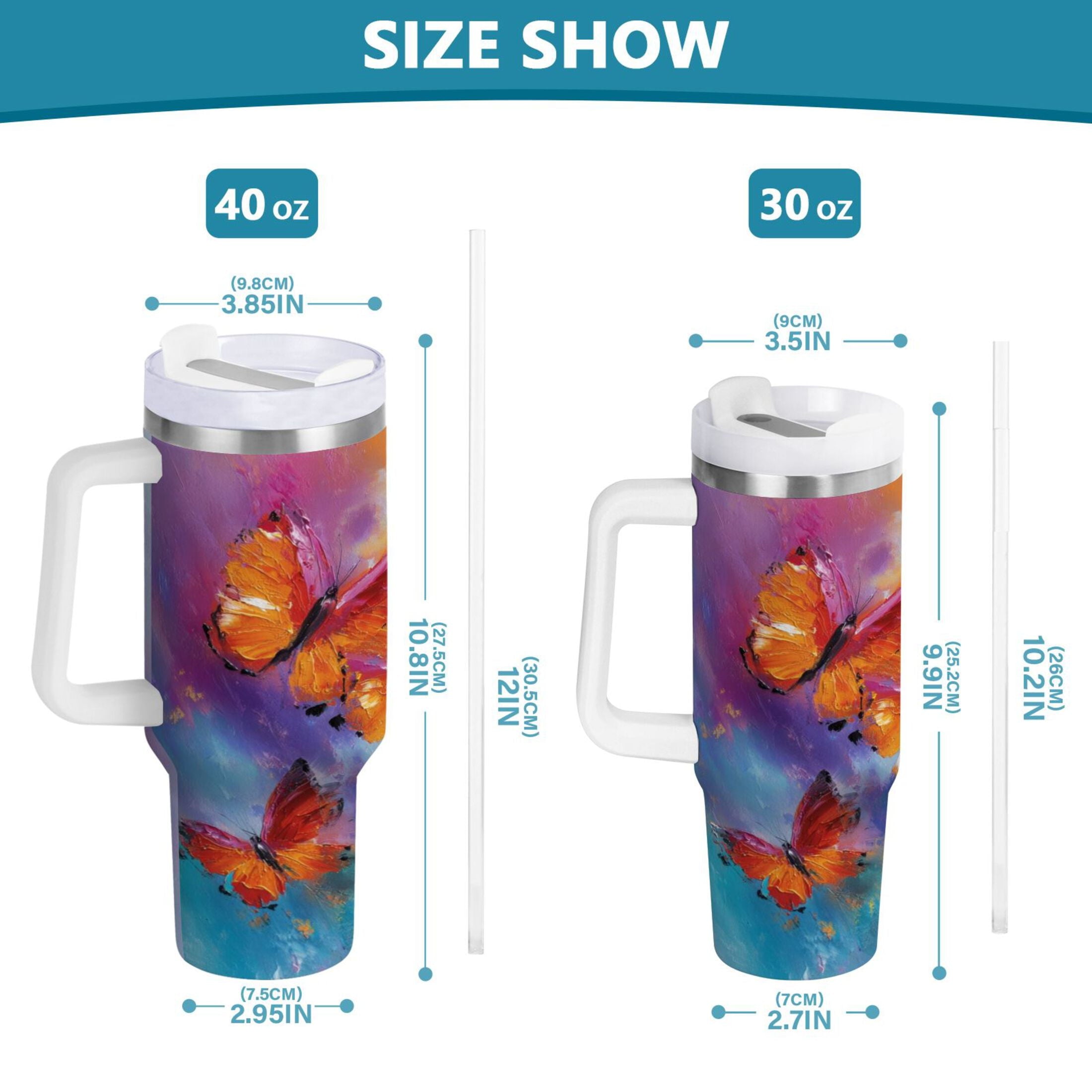 30 oz Insulated Stainless Steel Tumbler Double Wall Stainless Steel Tumbler with 2-Way Drinking Red and Orange Butterflies - Pick 629