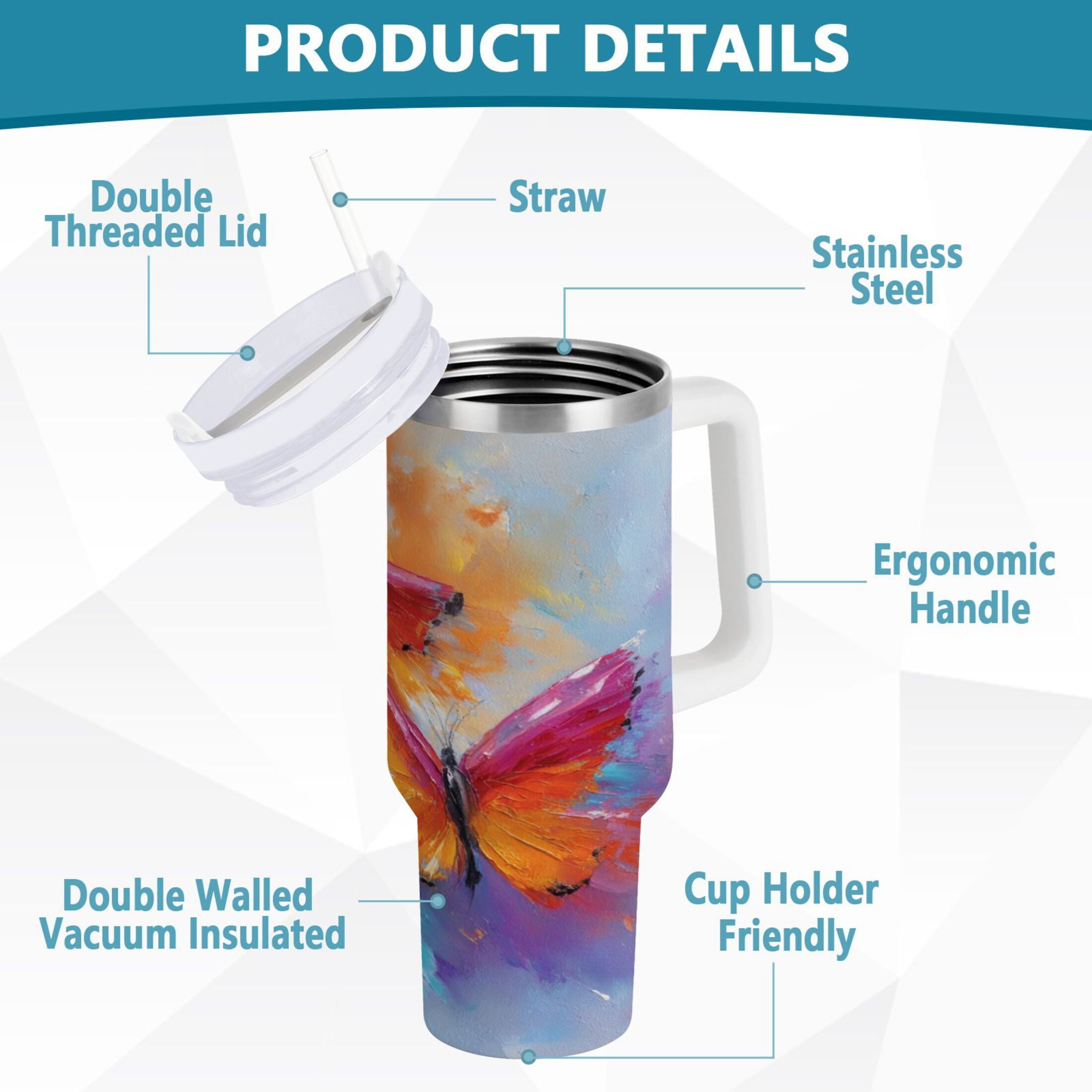 30 oz Insulated Stainless Steel Tumbler Double Wall Stainless Steel Tumbler with 2-Way Drinking Red and Orange Butterflies - Pick 629