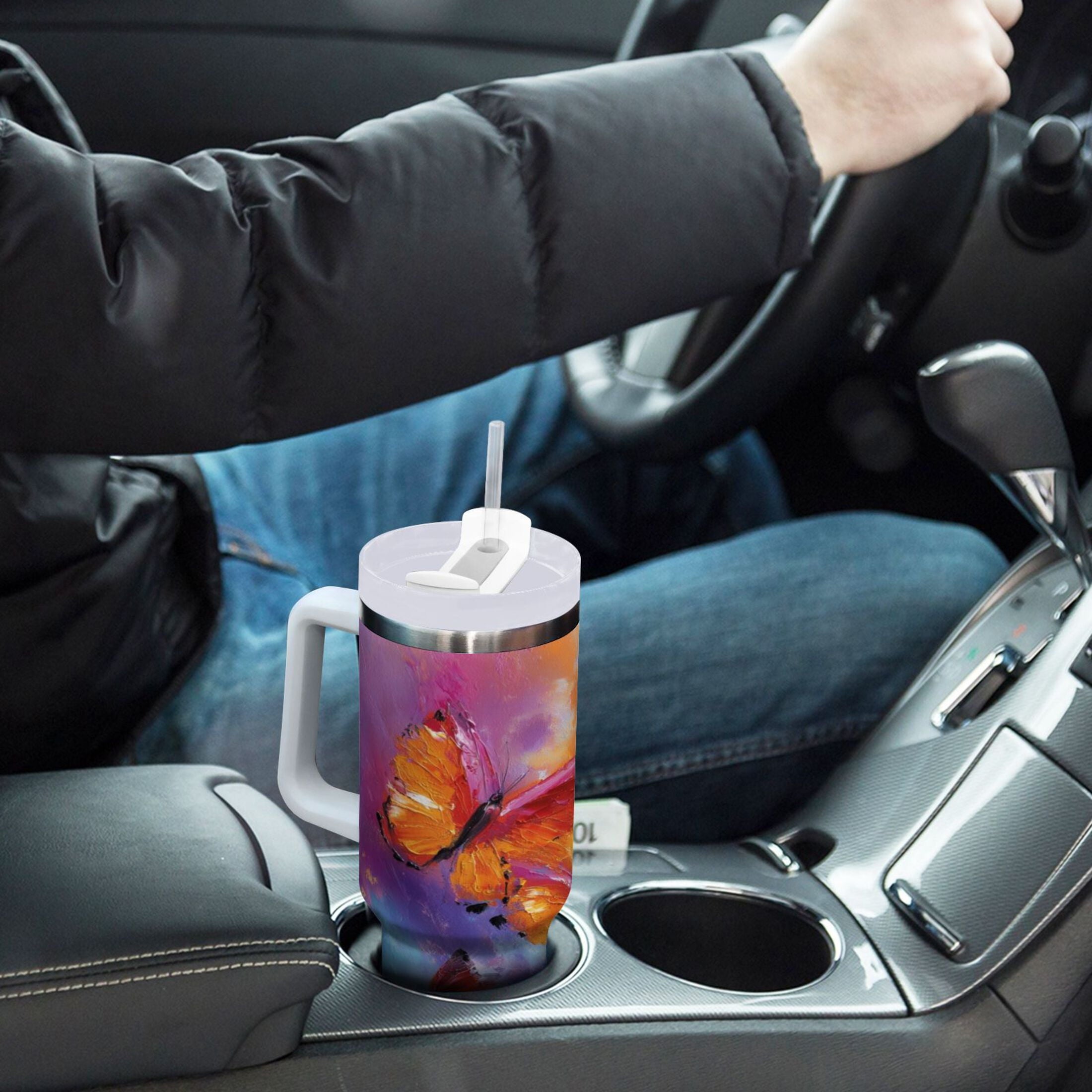 30 oz Insulated Stainless Steel Tumbler Double Wall Stainless Steel Tumbler with 2-Way Drinking Red and Orange Butterflies - Pick 629