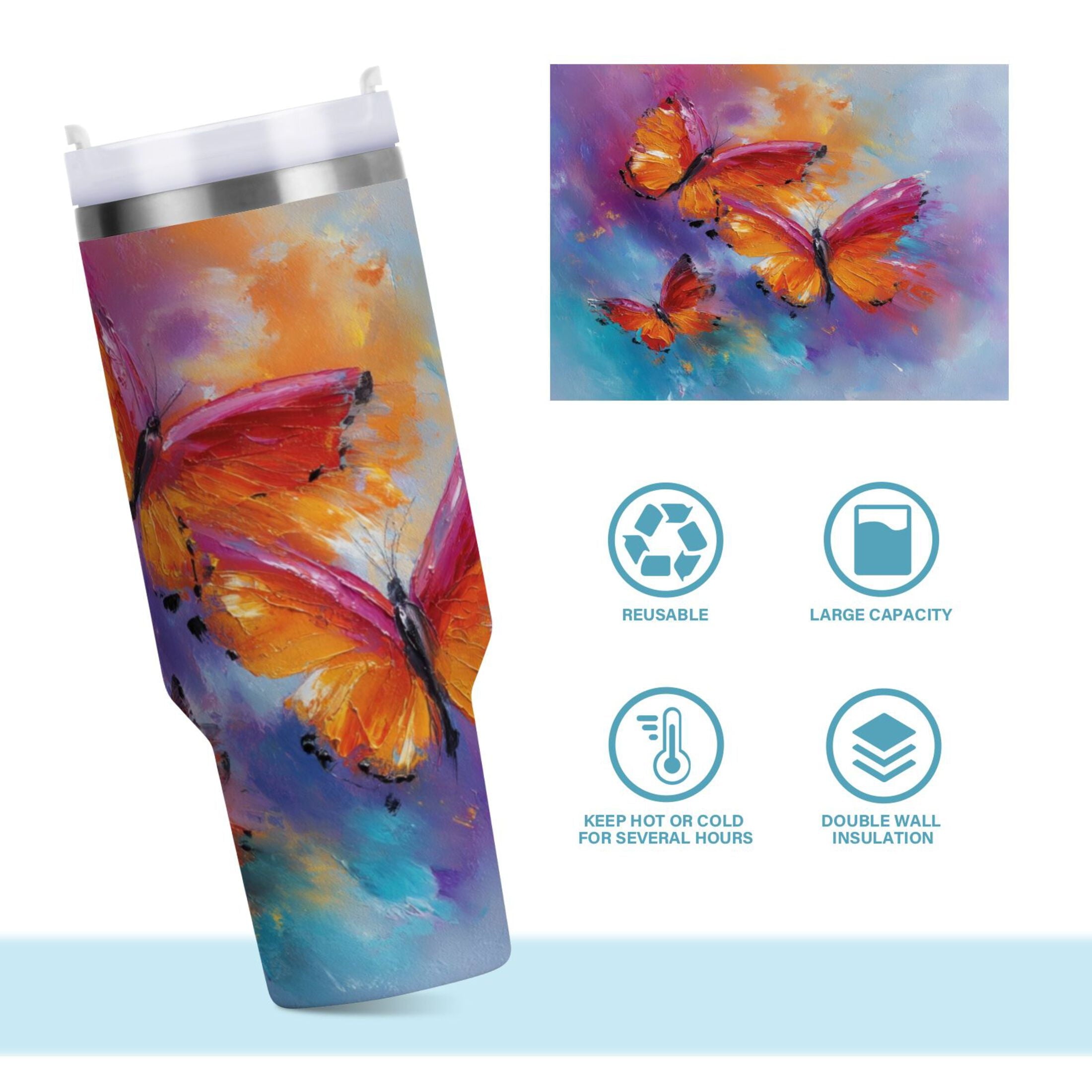 30 oz Insulated Stainless Steel Tumbler Double Wall Stainless Steel Tumbler with 2-Way Drinking Red and Orange Butterflies - Pick 629