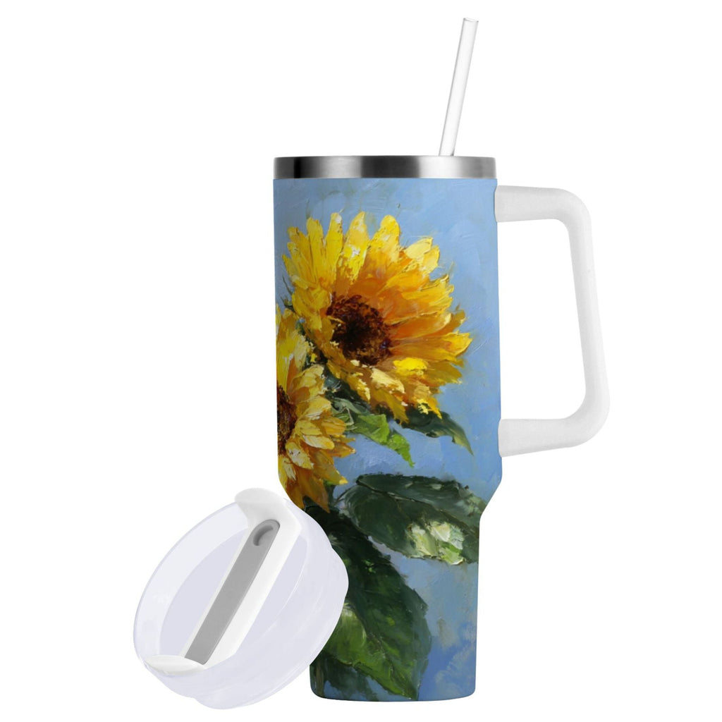 40 oz Insulated Stainless Steel Tumbler Double Wall Stainless Steel Tumbler with 2-Way Drinking Sunflowers Painting - Pick 809