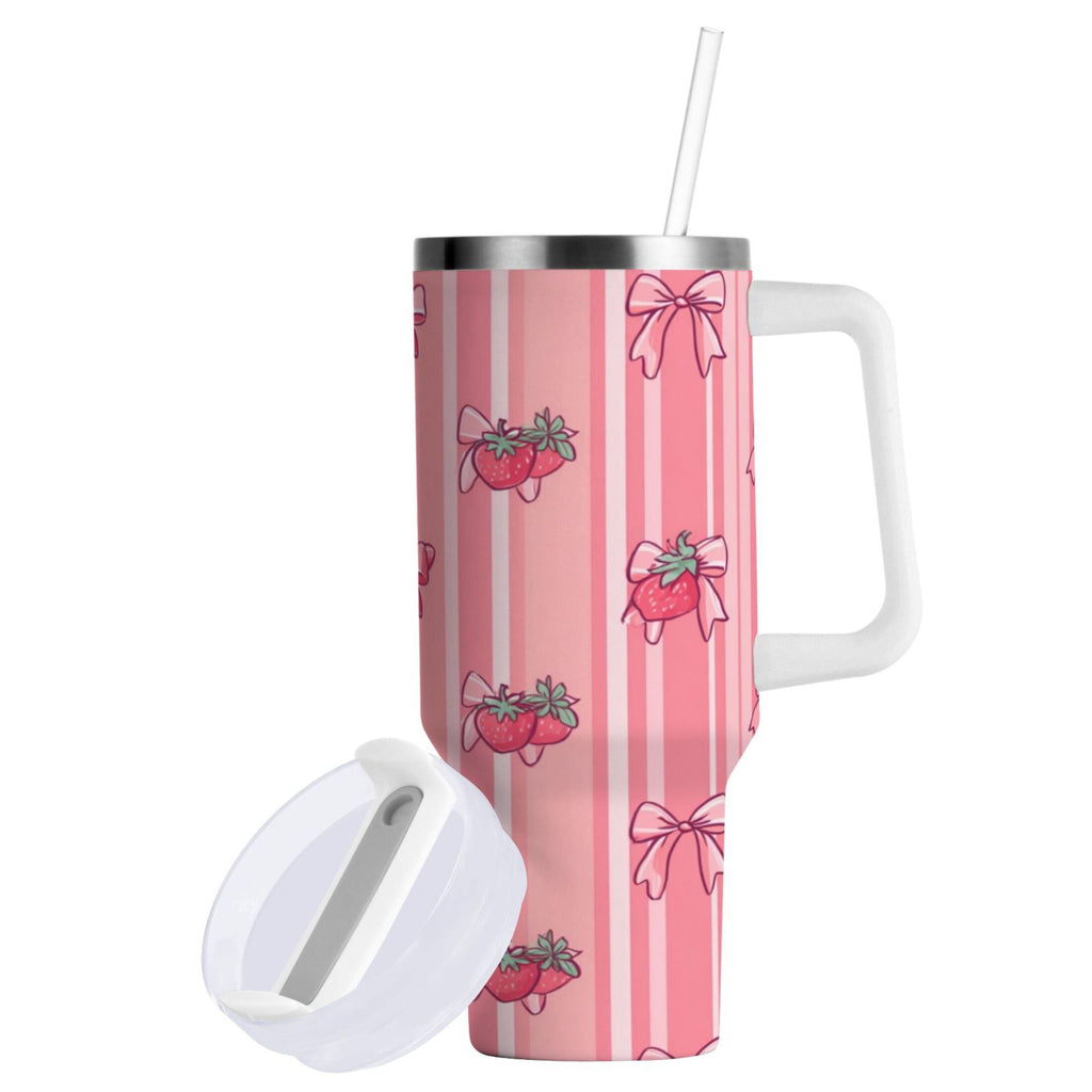 30 oz Insulated Stainless Steel Tumbler Double Wall Stainless Steel Tumbler with 2-Way Drinking Pink Bows and Strawberries - Pick 281