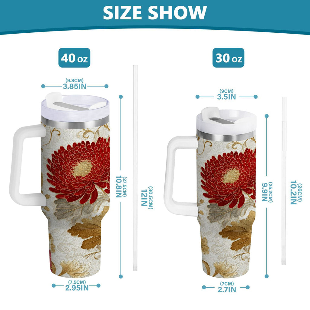 30 oz Insulated Stainless Steel Tumbler Double Wall Stainless Steel Tumbler with 2-Way Drinking Red Chrysanthemum Pattern - Pick 125