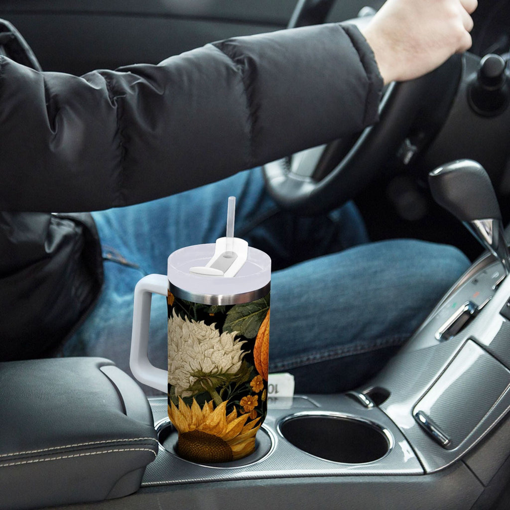 40 oz Insulated Stainless Steel Tumbler Double Wall Stainless Steel Tumbler with 2-Way Drinking Pumpkins and Sunflowers Pattern - Pick 154