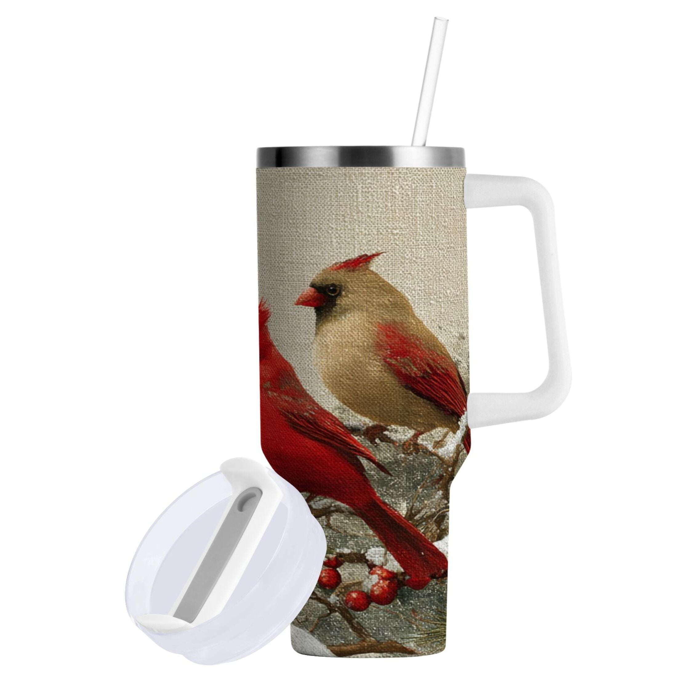 30 oz Insulated Stainless Steel Tumbler Double Wall Stainless Steel Tumbler with 2-Way Drinking Bird and Snow-covered Trees - Pick 943