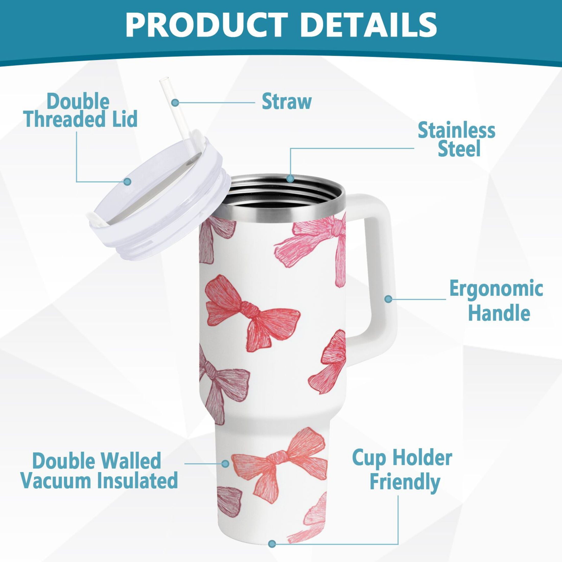 40 oz Insulated Stainless Steel Tumbler Double Wall Stainless Steel Tumbler with 2-Way Drinking Pink Bows Pattern - Pick 714