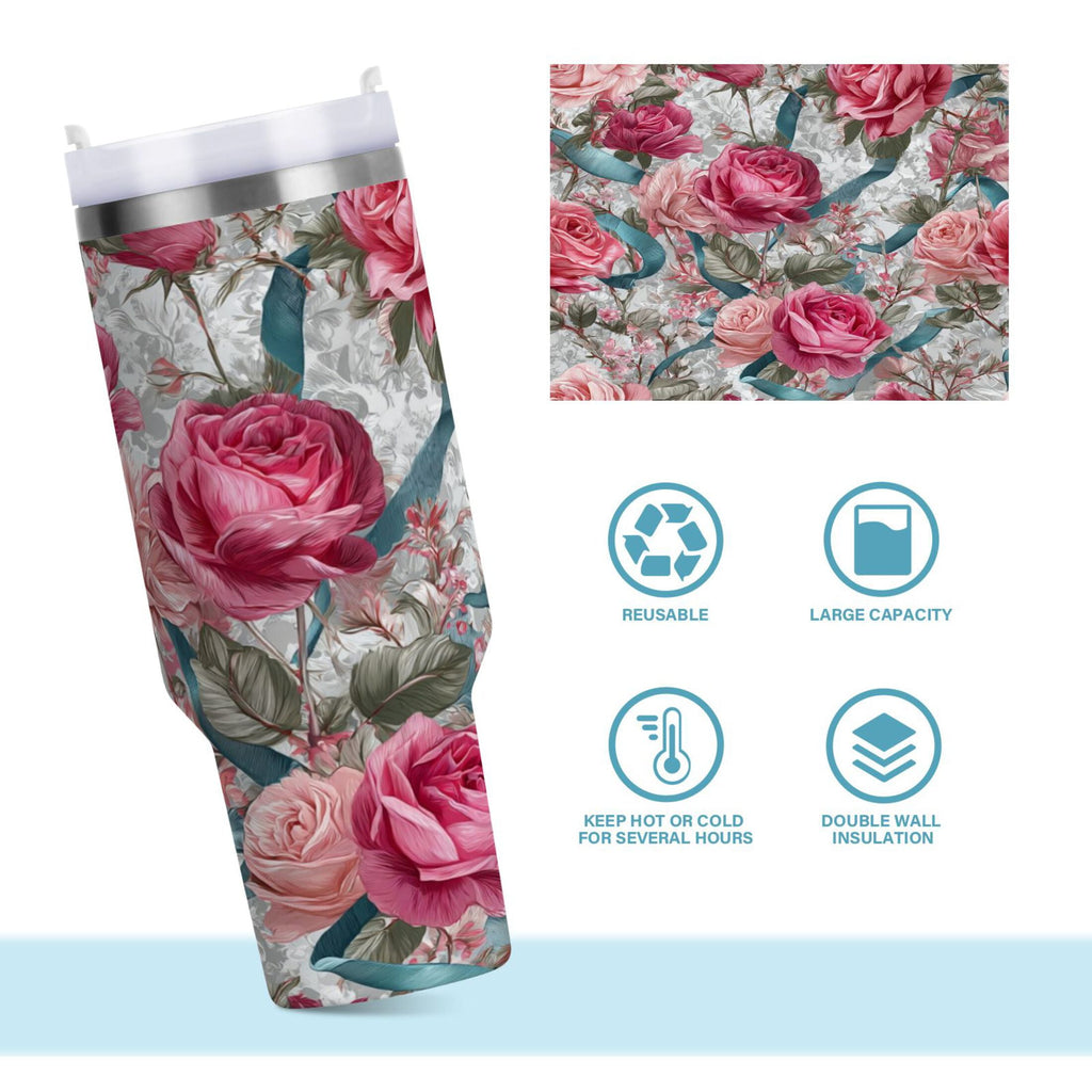 30 oz Insulated Stainless Steel Tumbler Double Wall Stainless Steel Tumbler with 2-Way Drinking Roses and Ribbons - Pick 565