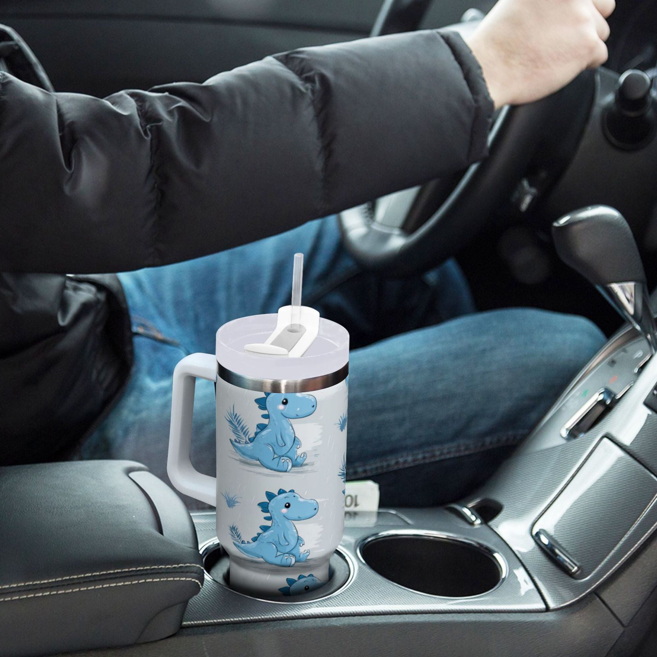 30 oz Insulated Stainless Steel Tumbler Double Wall Stainless Steel Tumbler with 2-Way Drinking Cartoon Blue Dinosaurs - Pick 582