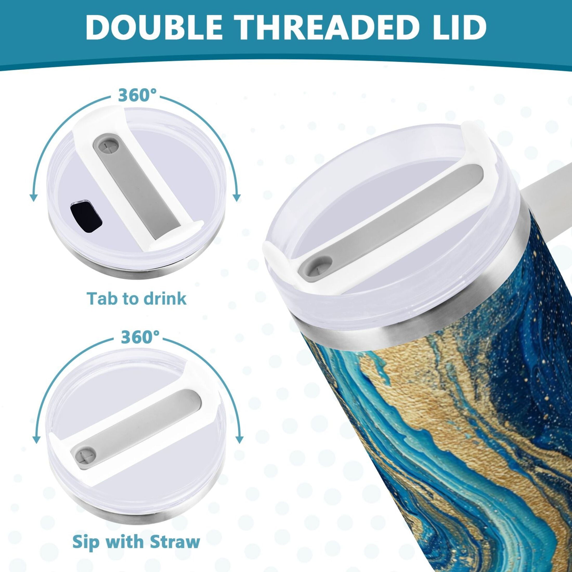 30 oz Insulated Stainless Steel Tumbler Double Wall Stainless Steel Tumbler with 2-Way Drinking Blue and Gold Ocean - Pick 357