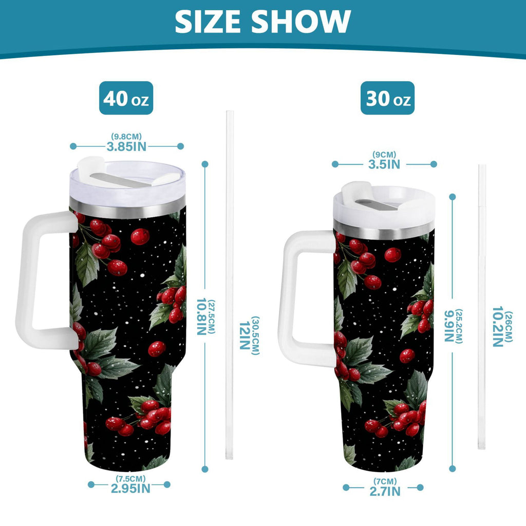 40 oz Insulated Stainless Steel Tumbler Double Wall Stainless Steel Tumbler with 2-Way Drinking Red Holly Berries Pattern - Pick 403