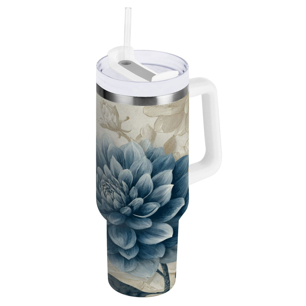 40 oz Insulated Stainless Steel Tumbler Double Wall Stainless Steel Tumbler with 2-Way Drinking Blue Flower with Butterflies - Pick 833