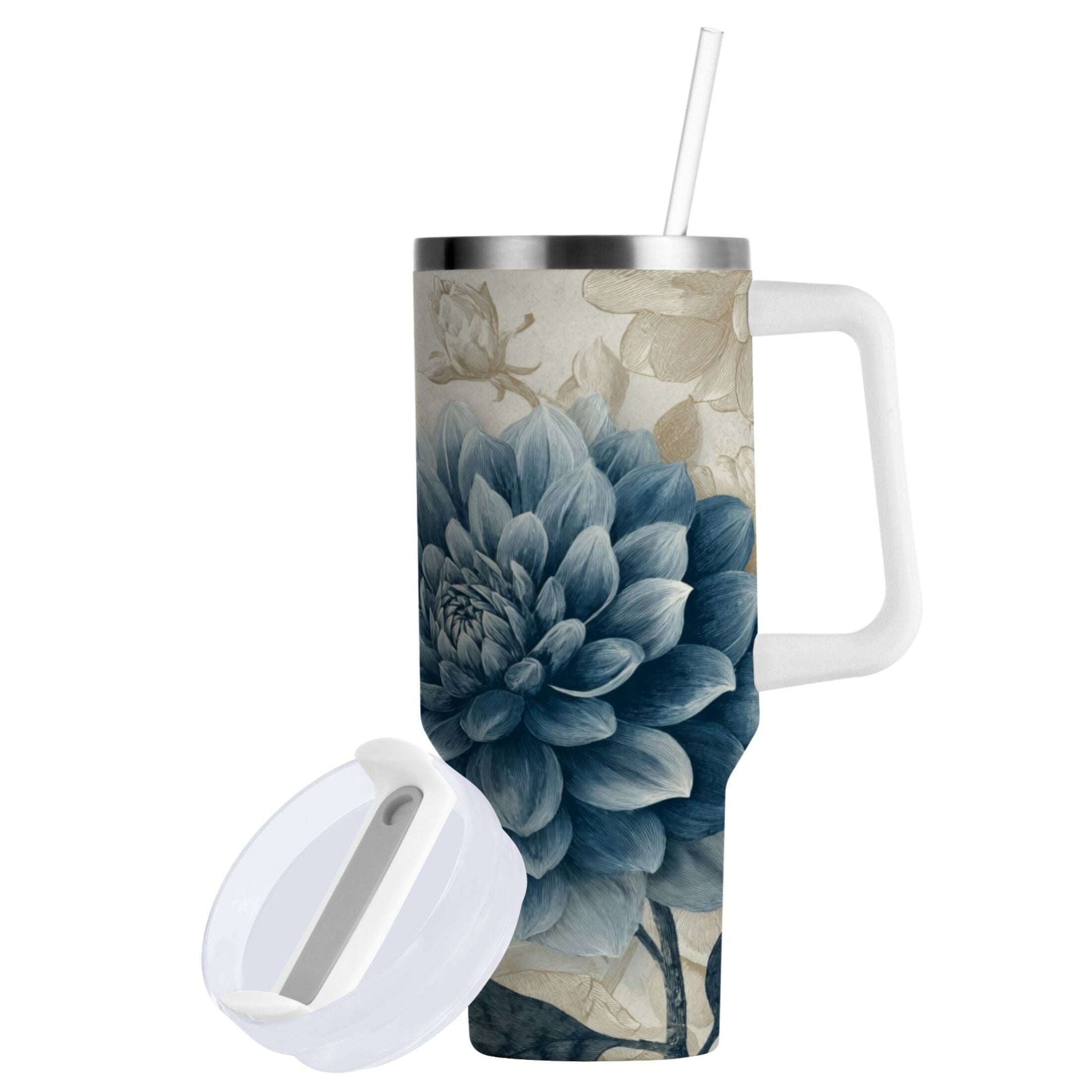 40 oz Insulated Stainless Steel Tumbler Double Wall Stainless Steel Tumbler with 2-Way Drinking Blue Flower with Butterflies - Pick 833