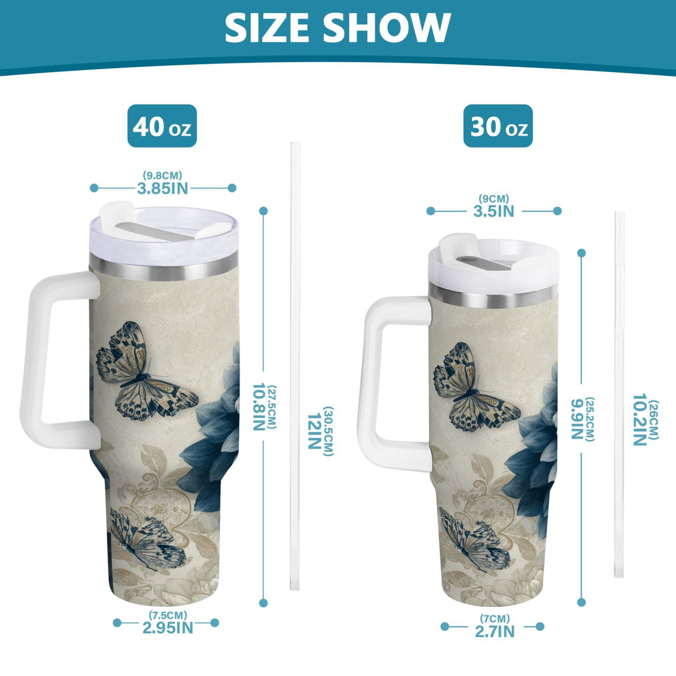 40 oz Insulated Stainless Steel Tumbler Double Wall Stainless Steel Tumbler with 2-Way Drinking Blue Flower with Butterflies - Pick 833
