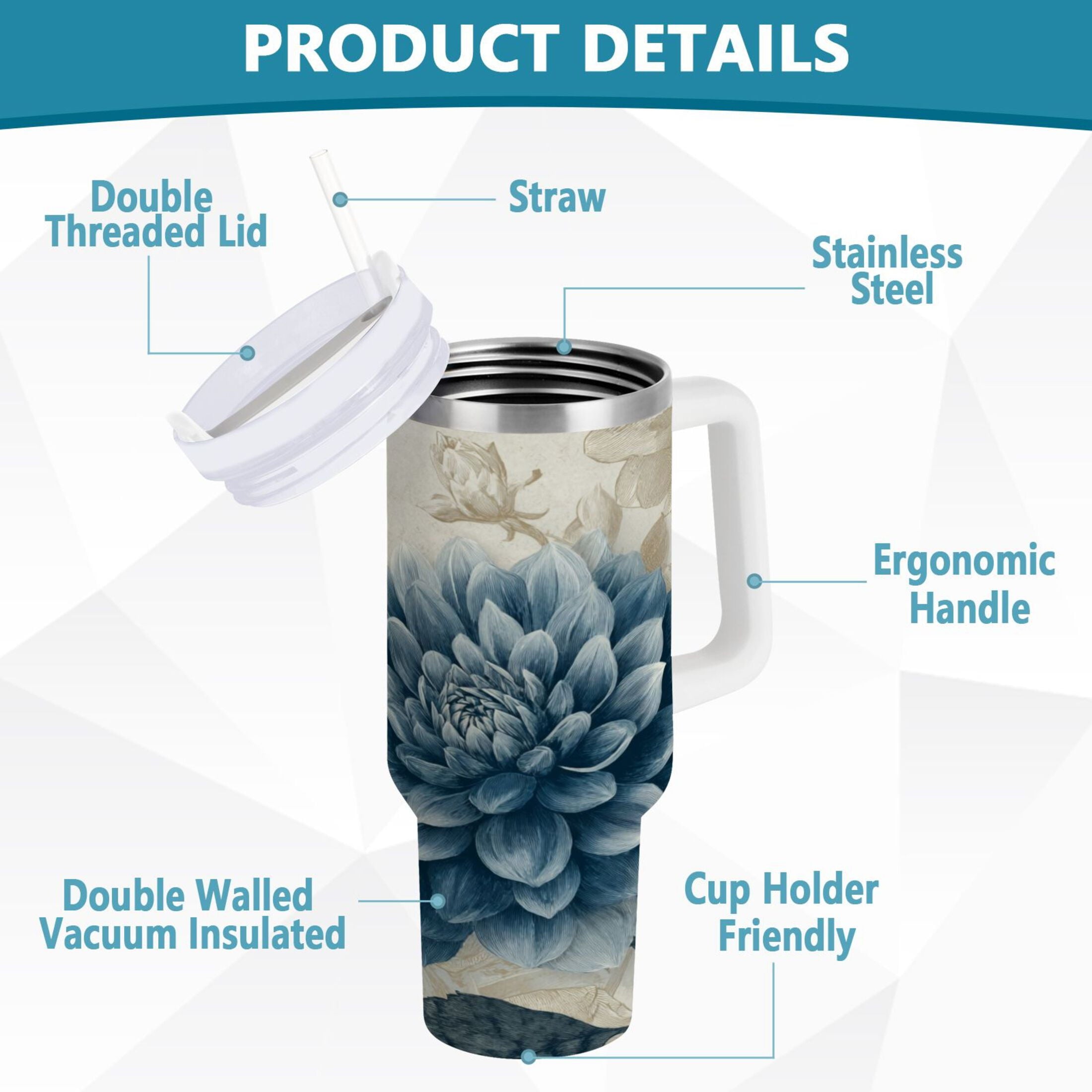 40 oz Insulated Stainless Steel Tumbler Double Wall Stainless Steel Tumbler with 2-Way Drinking Blue Flower with Butterflies - Pick 833
