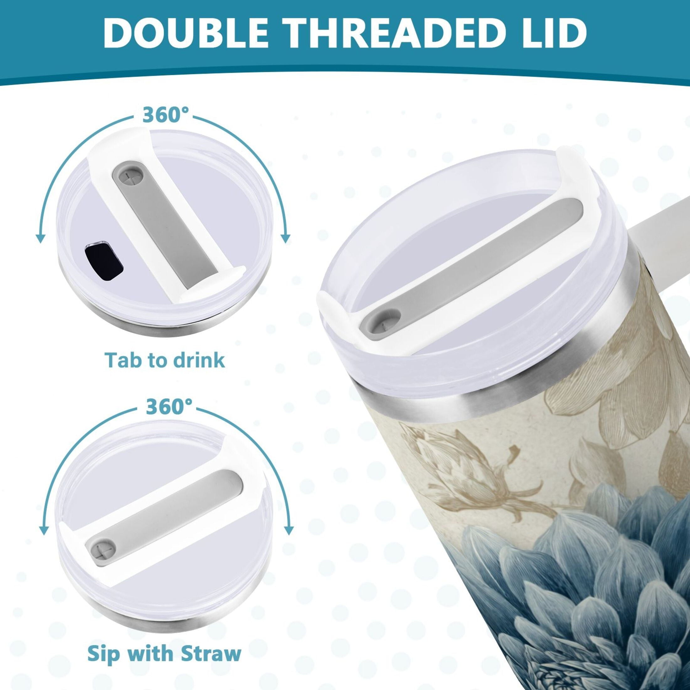 40 oz Insulated Stainless Steel Tumbler Double Wall Stainless Steel Tumbler with 2-Way Drinking Blue Flower with Butterflies - Pick 833