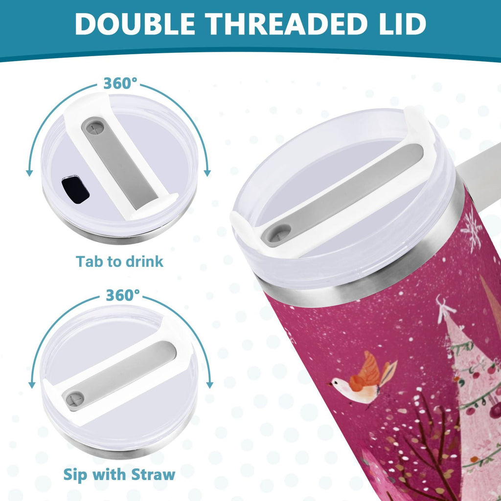 40 oz Insulated Stainless Steel Tumbler Double Wall Stainless Steel Tumbler with 2-Way Drinking Pink Christmas Forest - Pick 480