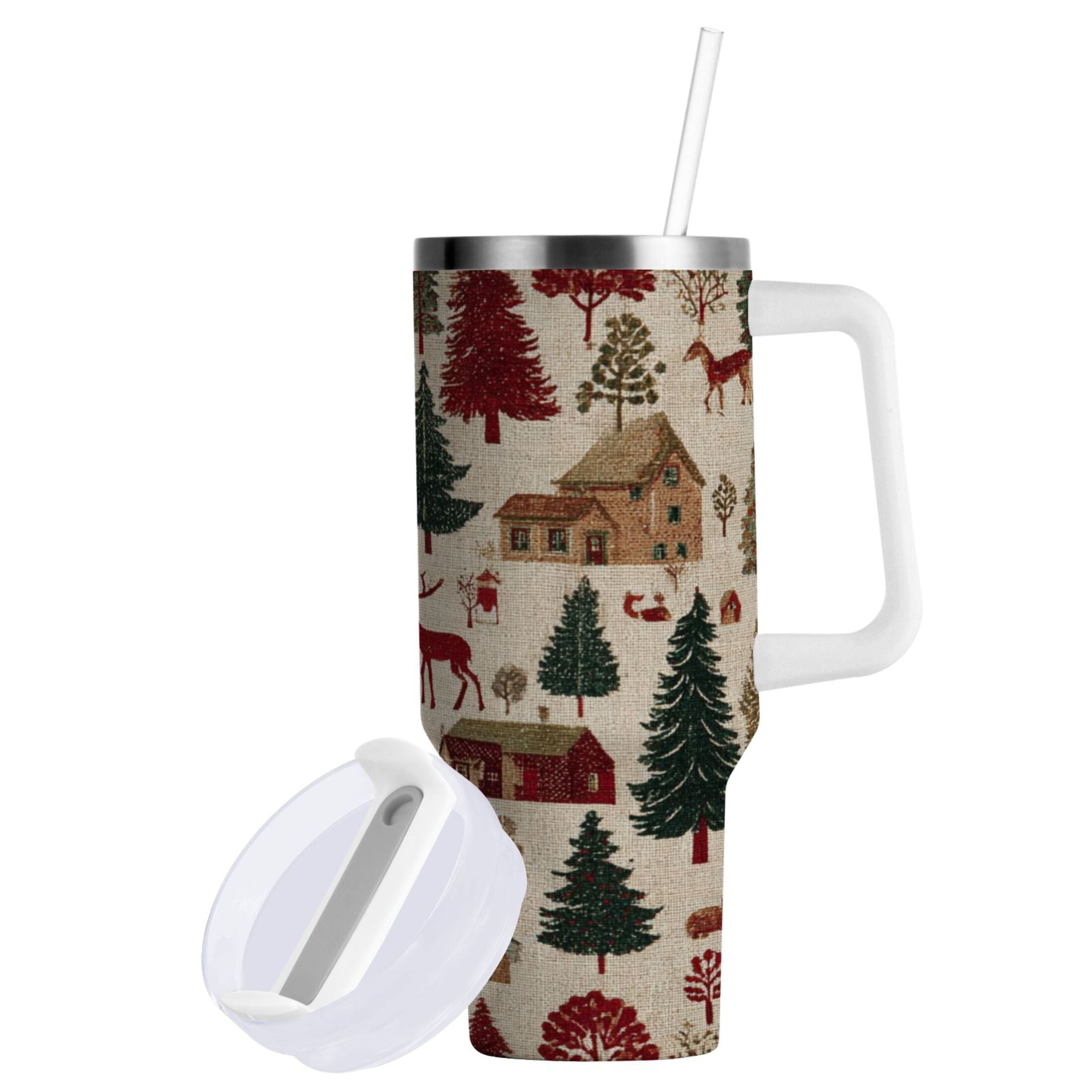 30 oz Insulated Stainless Steel Tumbler Double Wall Stainless Steel Tumbler with 2-Way Drinking Christmas Trees Deer and Houses - Pick 981