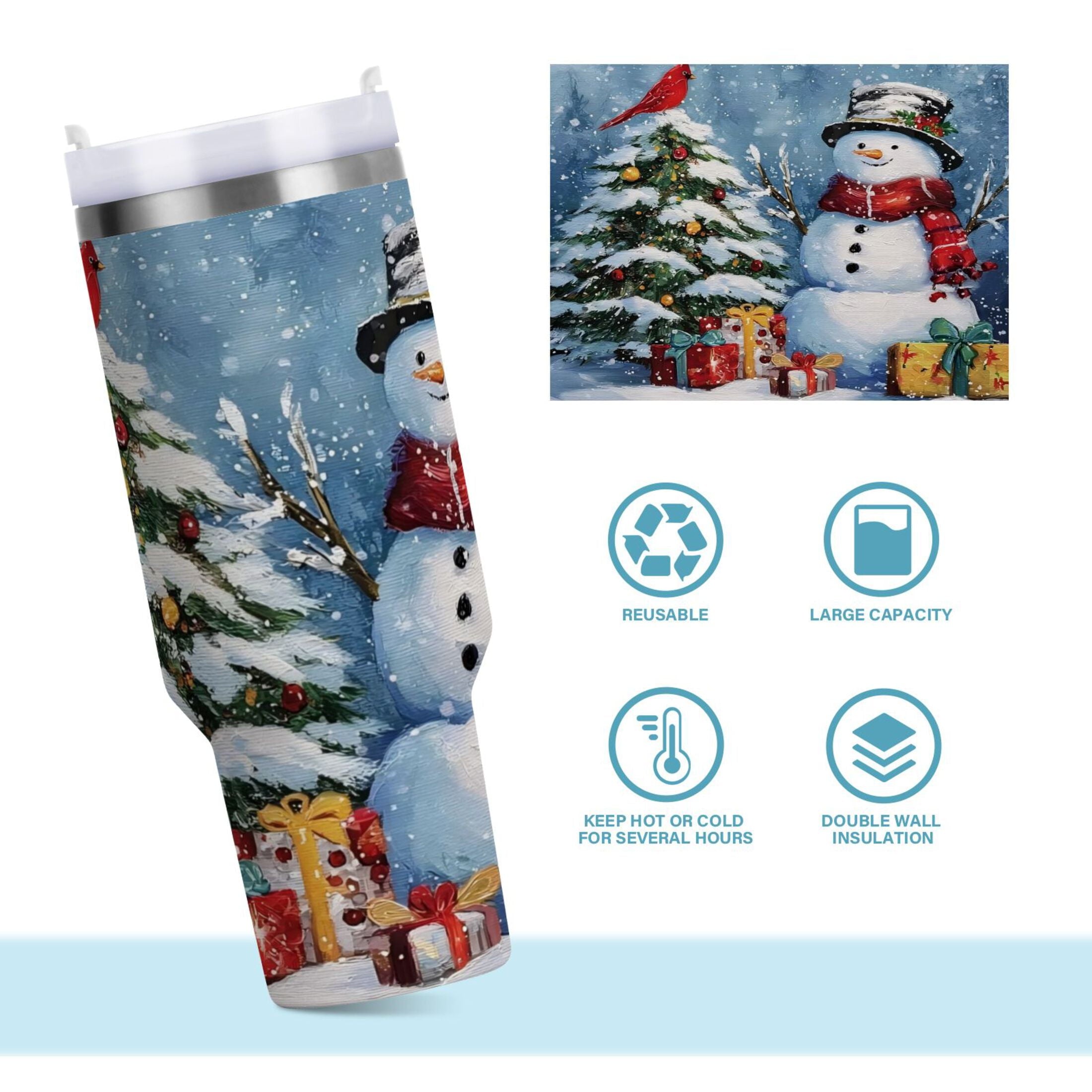 30 oz Insulated Stainless Steel Tumbler Double Wall Stainless Steel Tumbler with 2-Way Drinking Christmas Scene with Snowman - Pick 310