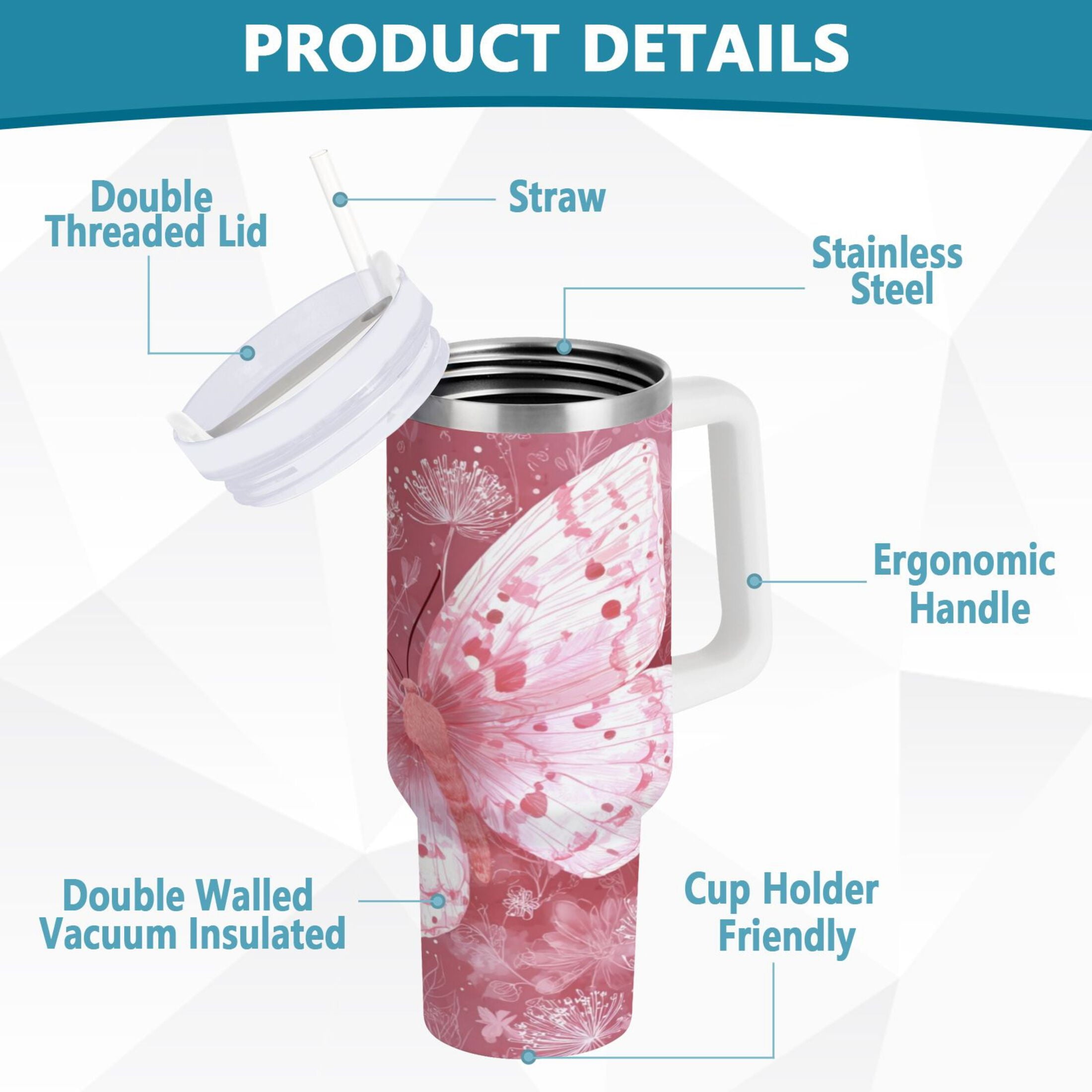 30 oz Insulated Stainless Steel Tumbler Double Wall Stainless Steel Tumbler with 2-Way Drinking Soft Pink Butterfly - Pick 641