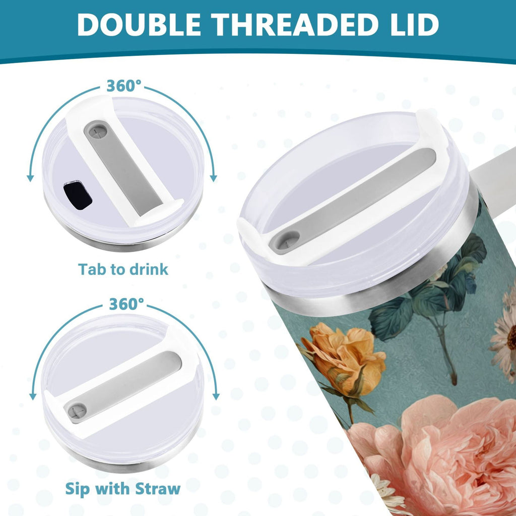 30 oz Insulated Stainless Steel Tumbler Double Wall Stainless Steel Tumbler with 2-Way Drinking Vintage Roses and Peonies - Pick 391
