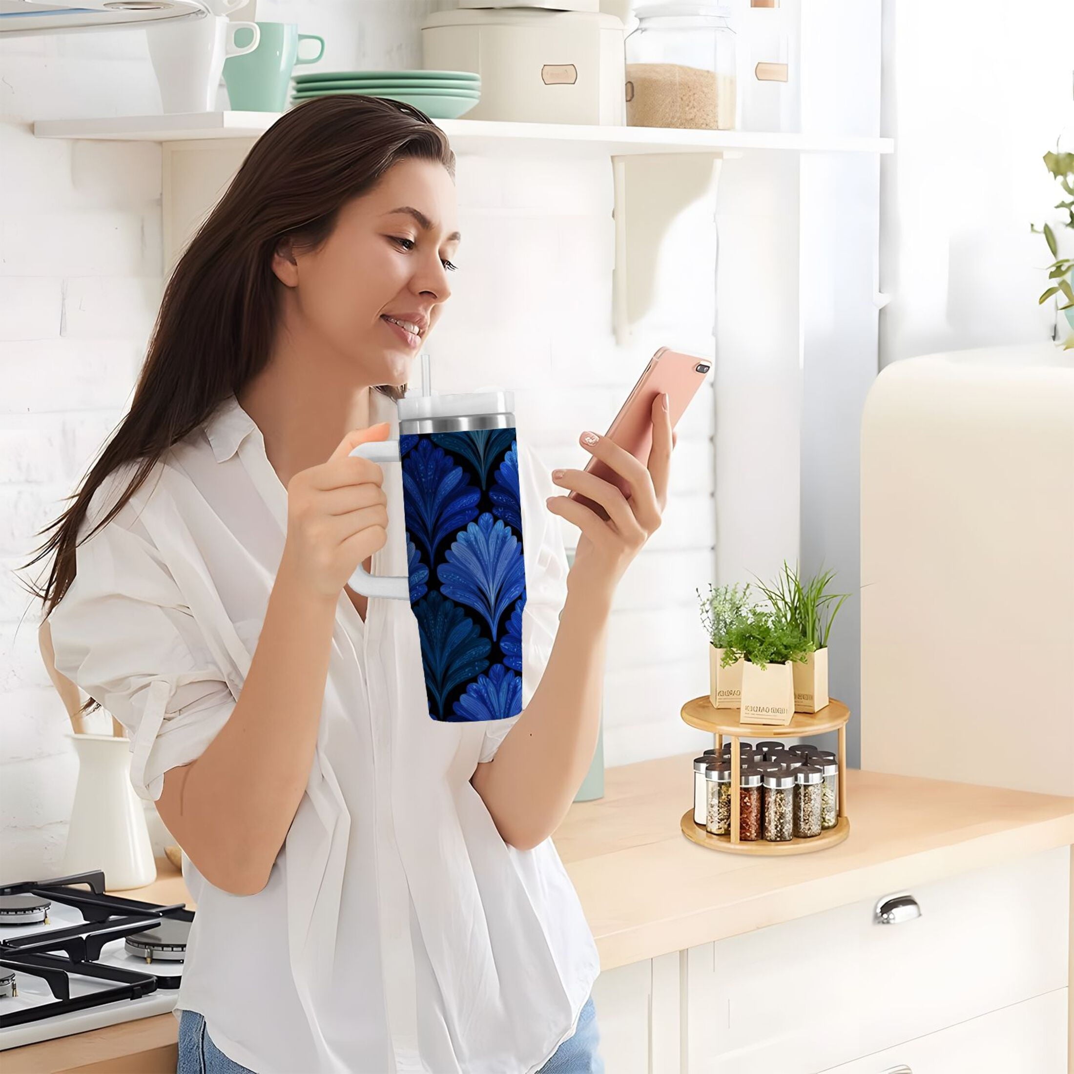 30 oz Insulated Stainless Steel Tumbler Double Wall Stainless Steel Tumbler with 2-Way Drinking Blue Batik Leaves Pattern - Pick 501