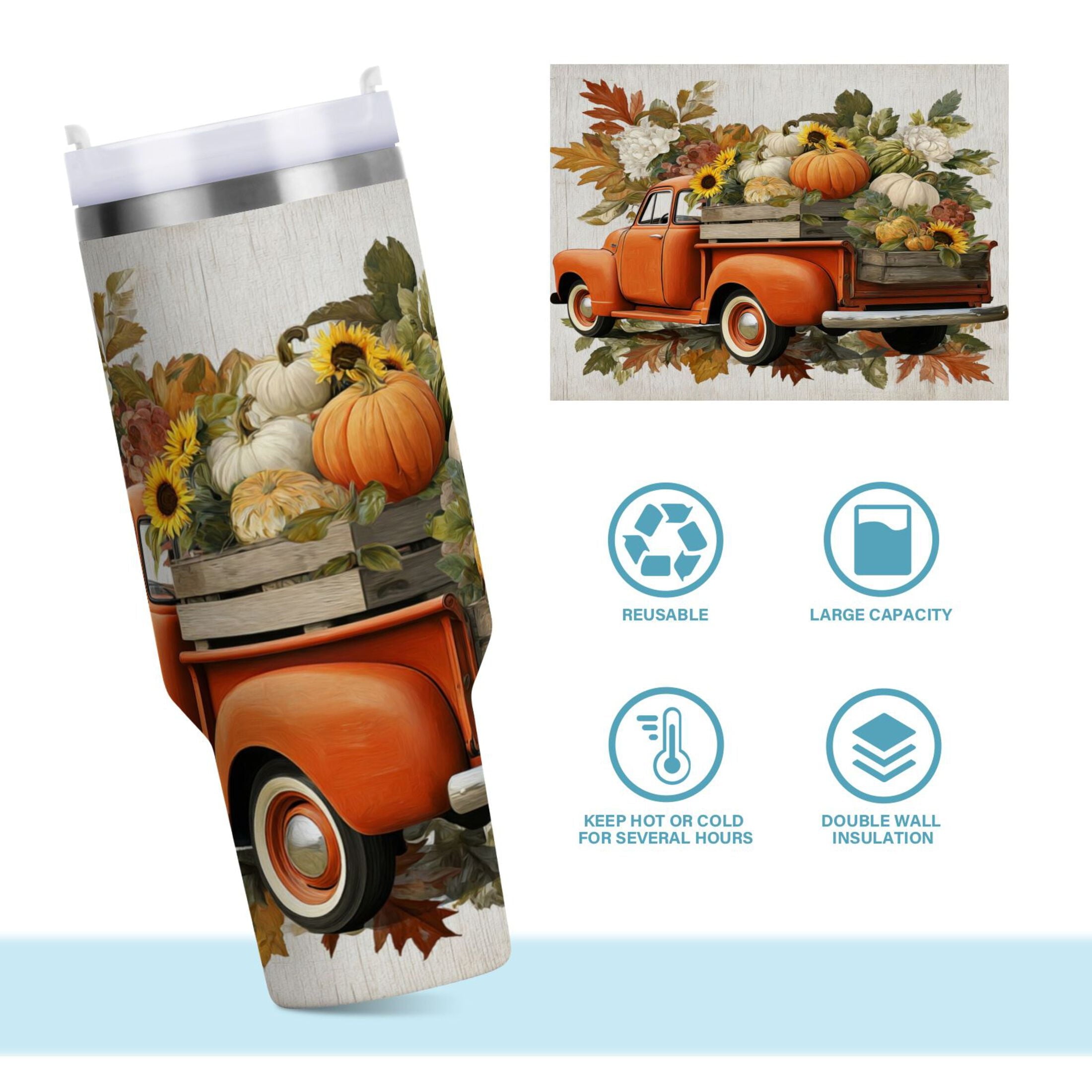 40 oz Insulated Stainless Steel Tumbler Double Wall Stainless Steel Tumbler with 2-Way Drinking Truck Full Of Pumpkins - Pick 103