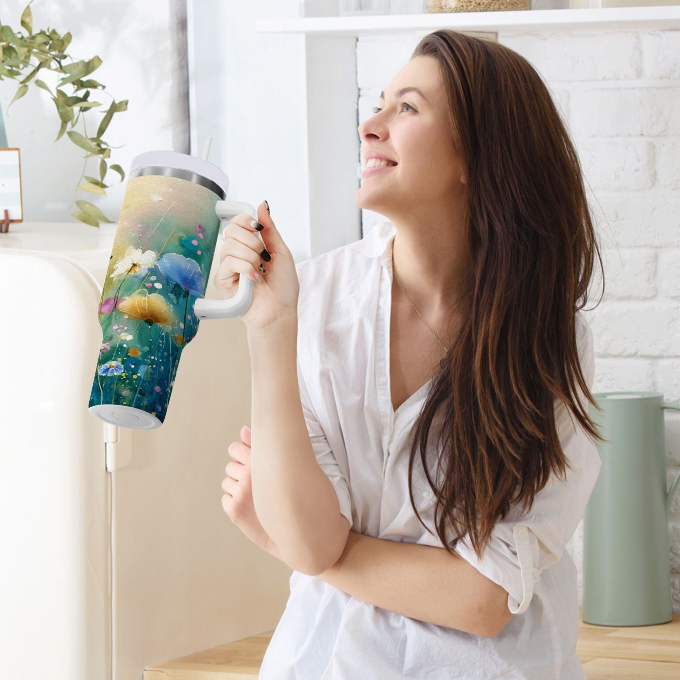 30 oz Insulated Stainless Steel Tumbler Double Wall Stainless Steel Tumbler with 2-Way Drinking Watercolor Wildflowers - Pick 648