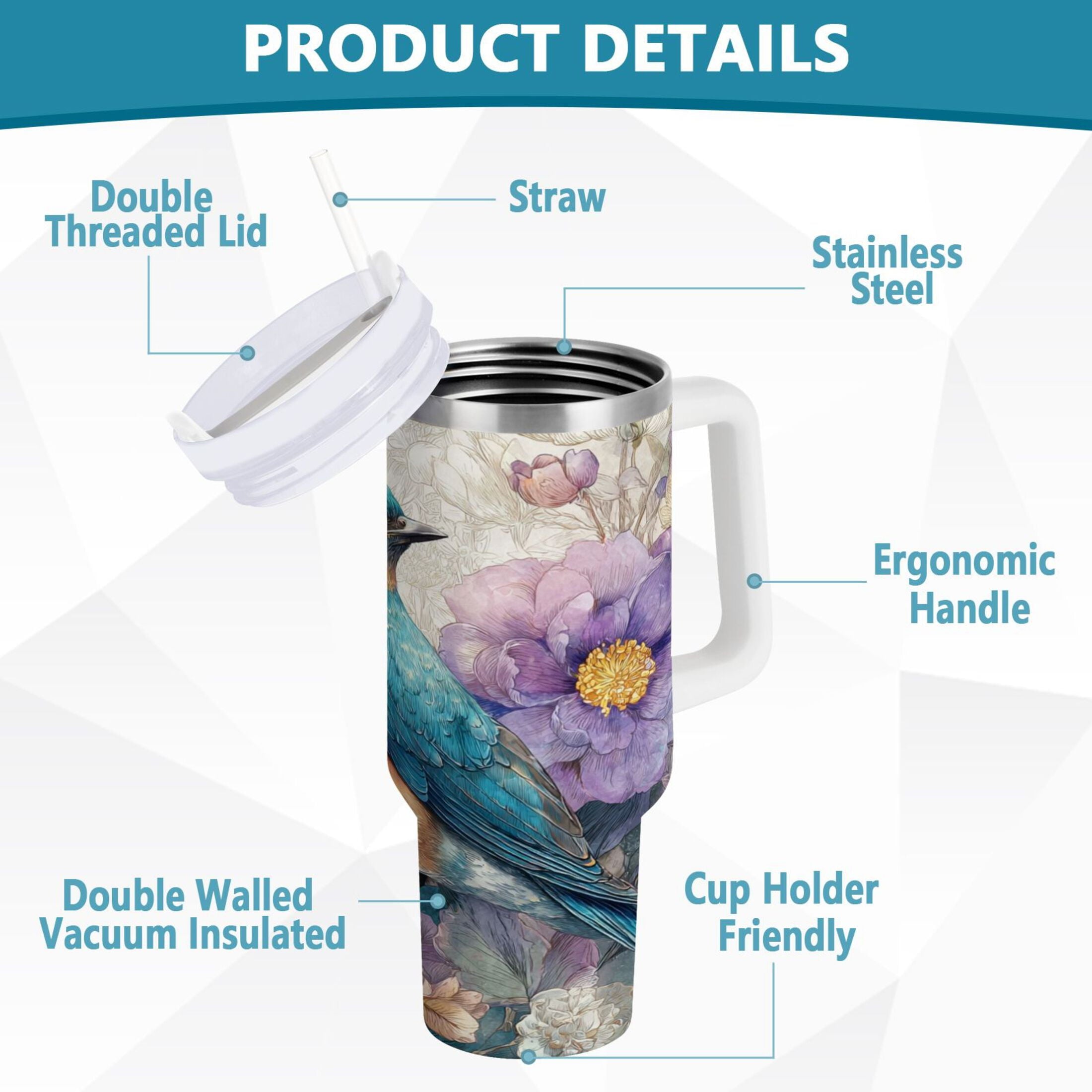 30 oz Insulated Stainless Steel Tumbler Double Wall Stainless Steel Tumbler with 2-Way Drinking Bluebird and Flower - Pick 579