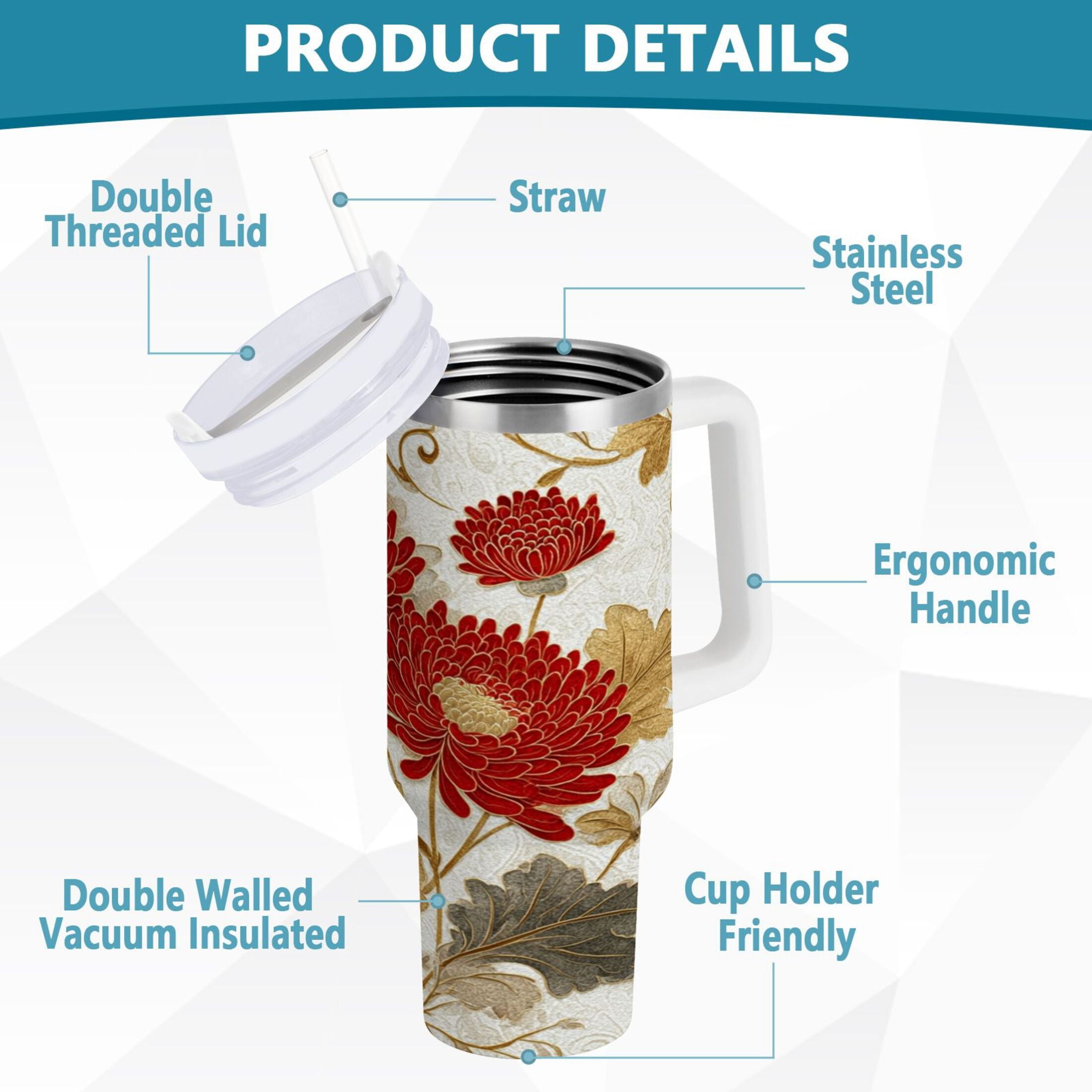 30 oz Insulated Stainless Steel Tumbler Double Wall Stainless Steel Tumbler with 2-Way Drinking Red Chrysanthemum Pattern - Pick 125