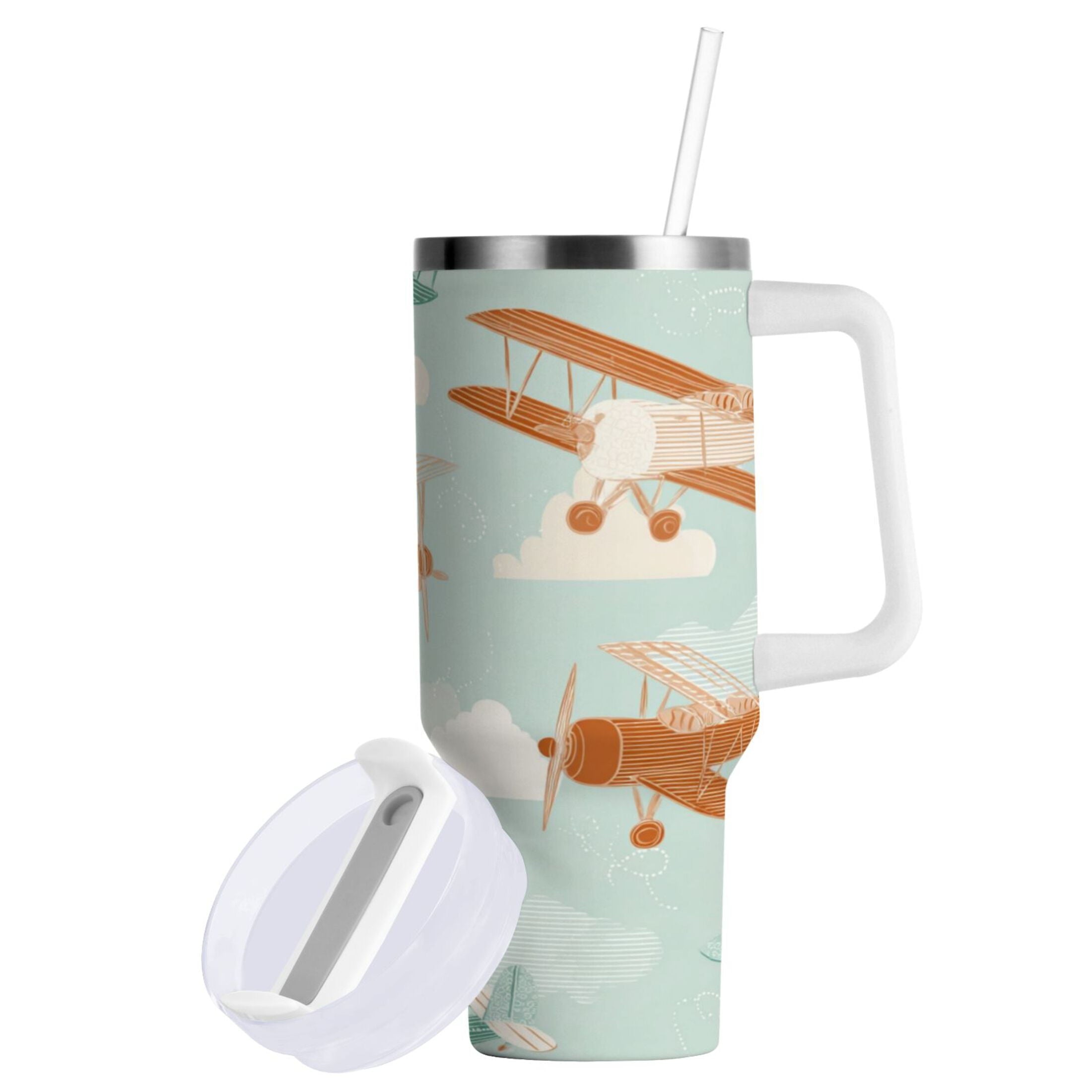 40 oz Insulated Stainless Steel Tumbler Double Wall Stainless Steel Tumbler with 2-Way Drinking Cute Airplanes - Pick 715